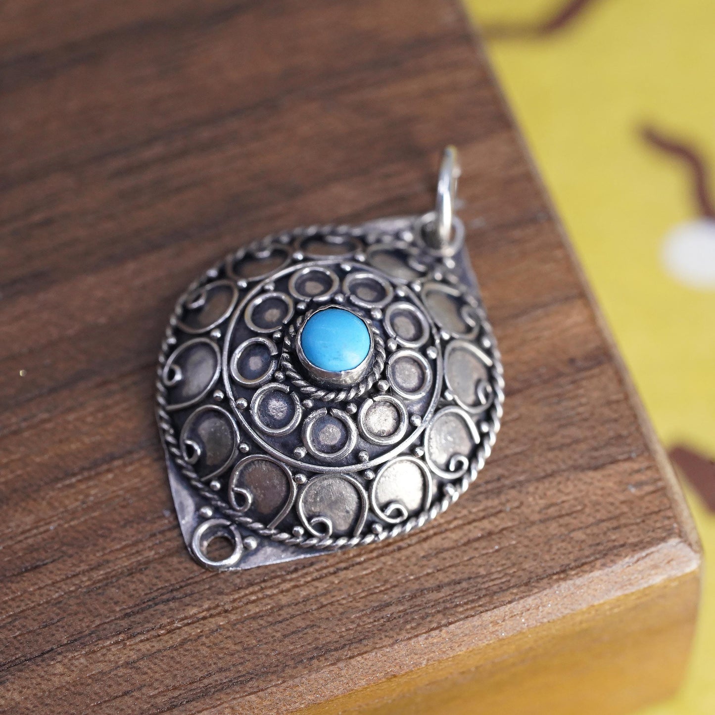 Mexican Sterling Silver Turquoise Pendant, 925 Boho Charm, Oxidized Filigree