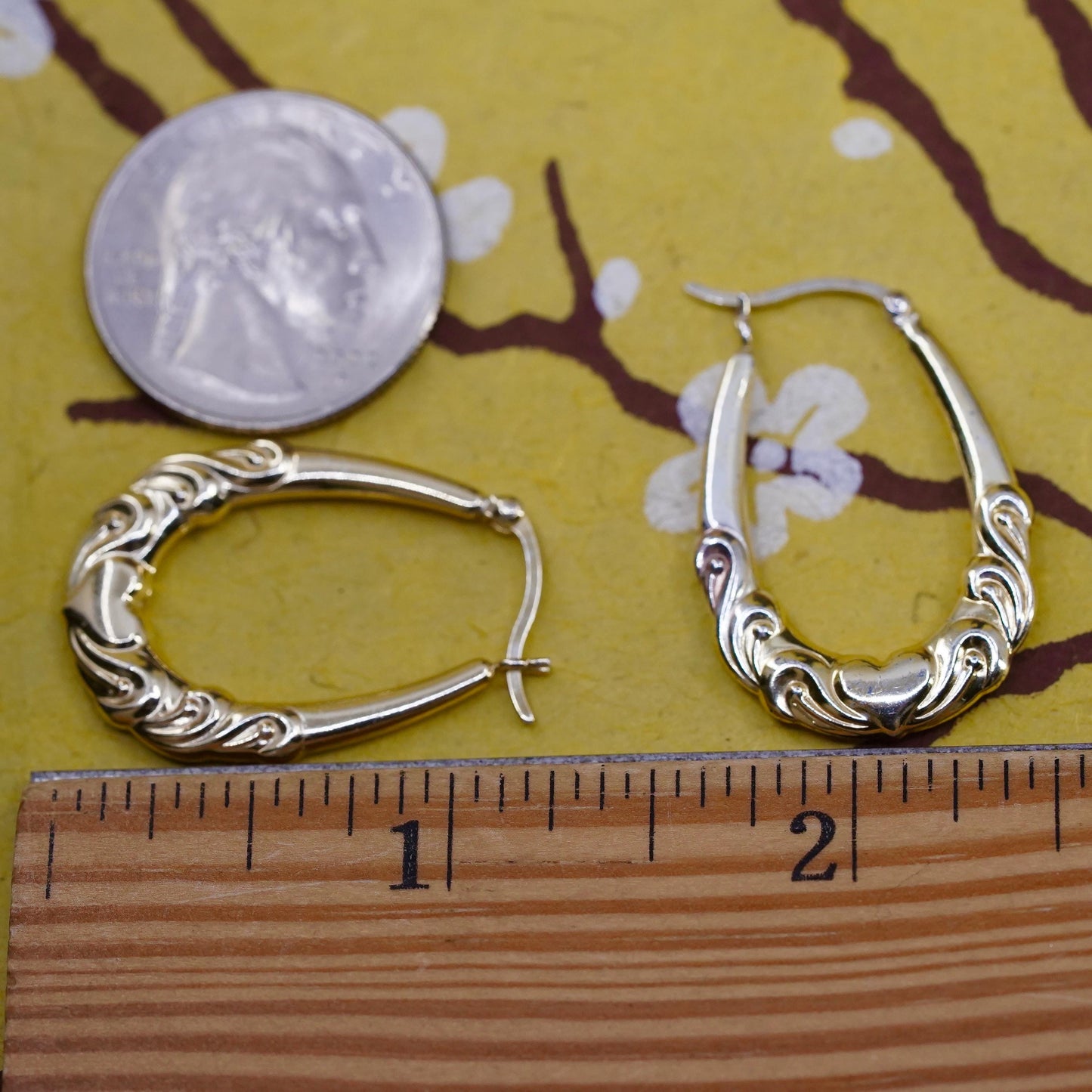 1.25", gold over Sterling silver earrings, 925 textured huggie hoops with heart