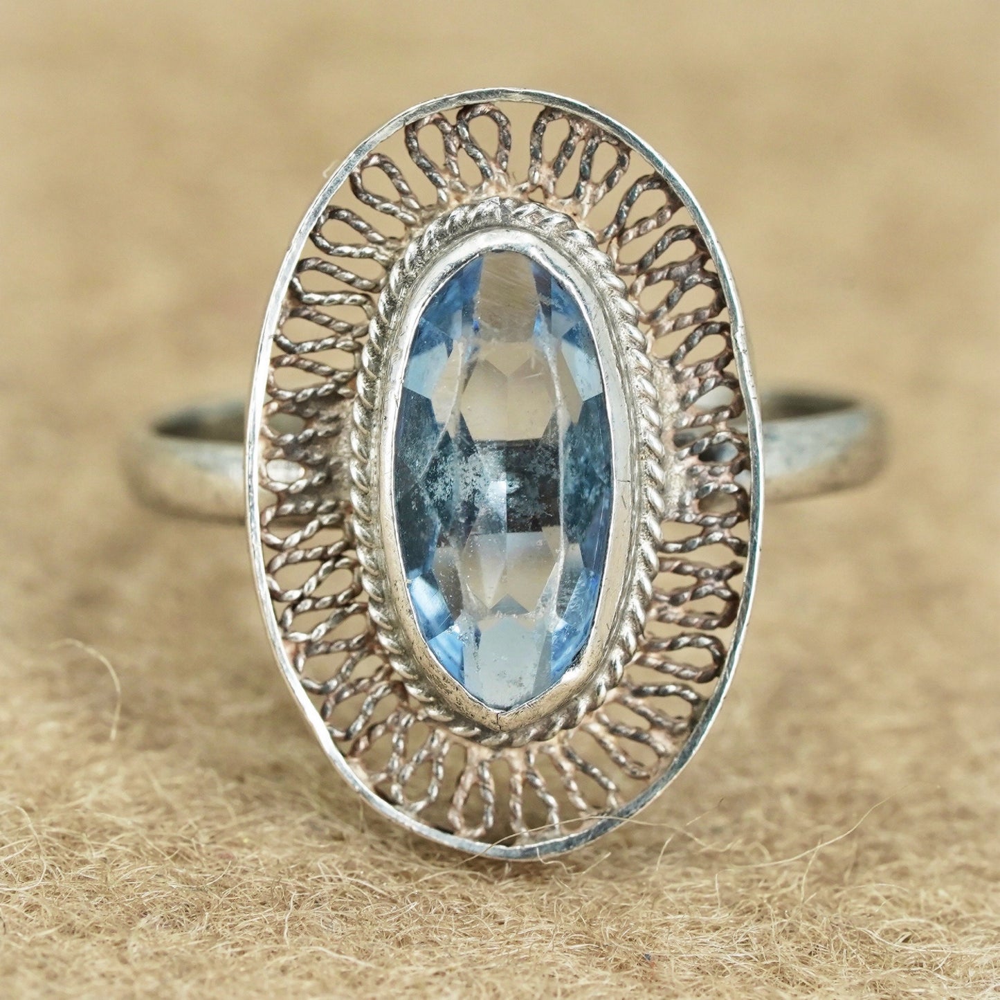 Size 7.5 vintage Sterling 925 silver handmade filigree ring with blue crystal