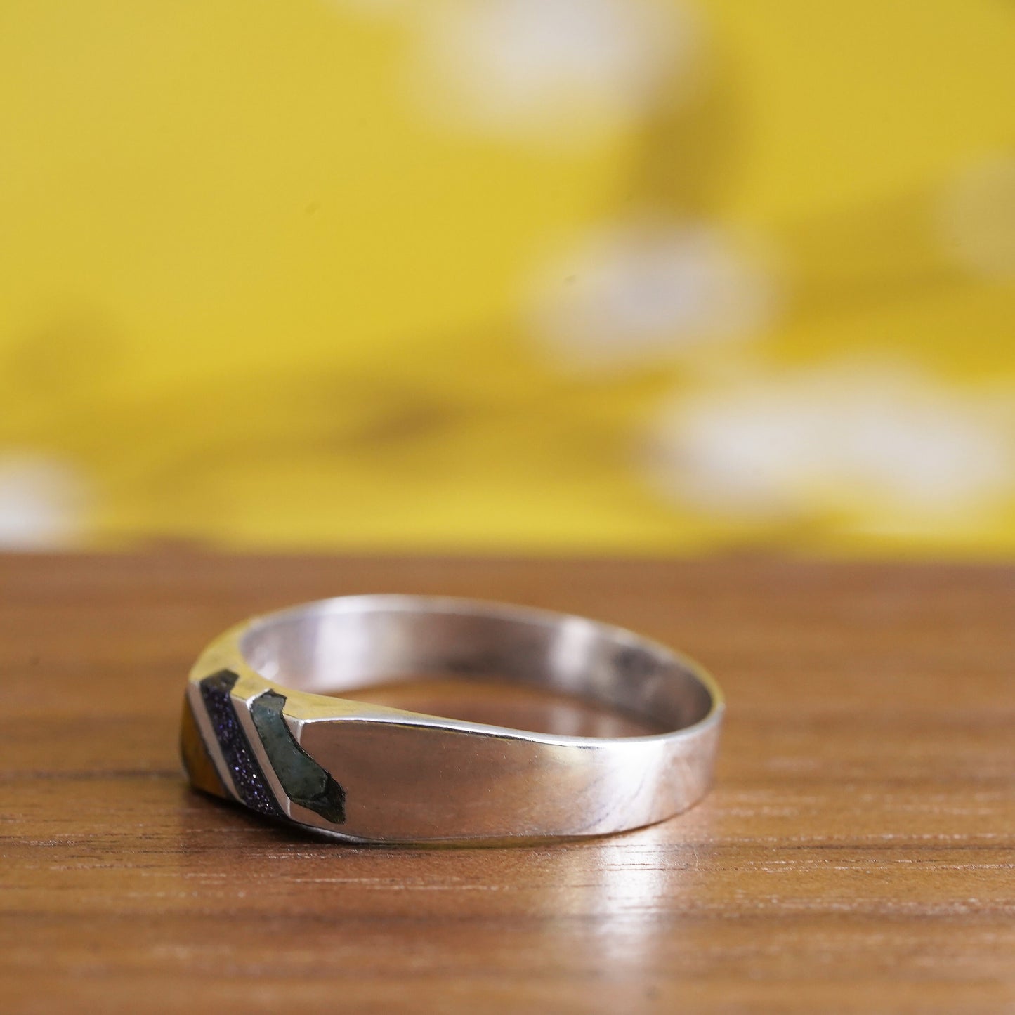 Size 7.25, Sterling silver ring with golden tiger eye inlay, stackable 925 band