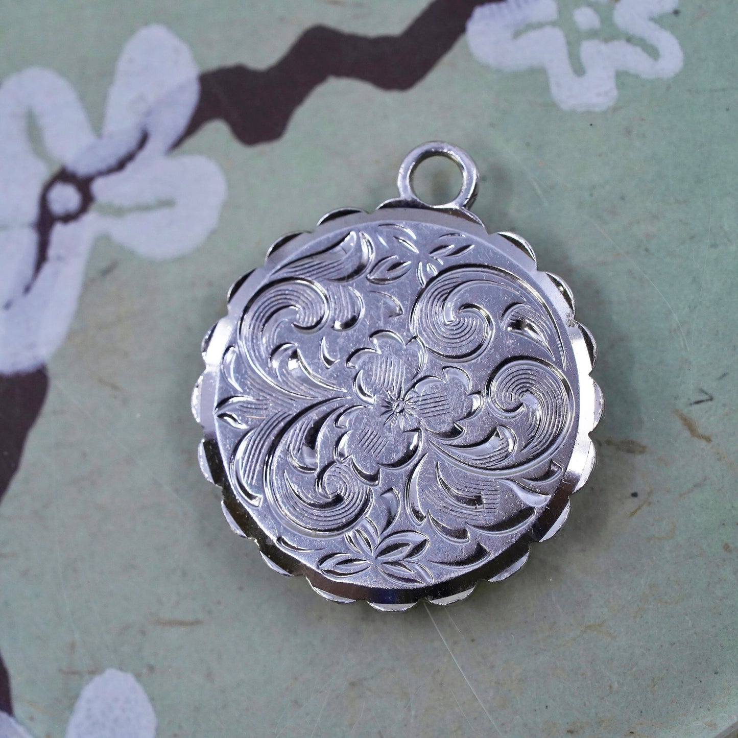 Vintage Sterling silver handmade pendant, circle textured tag charm