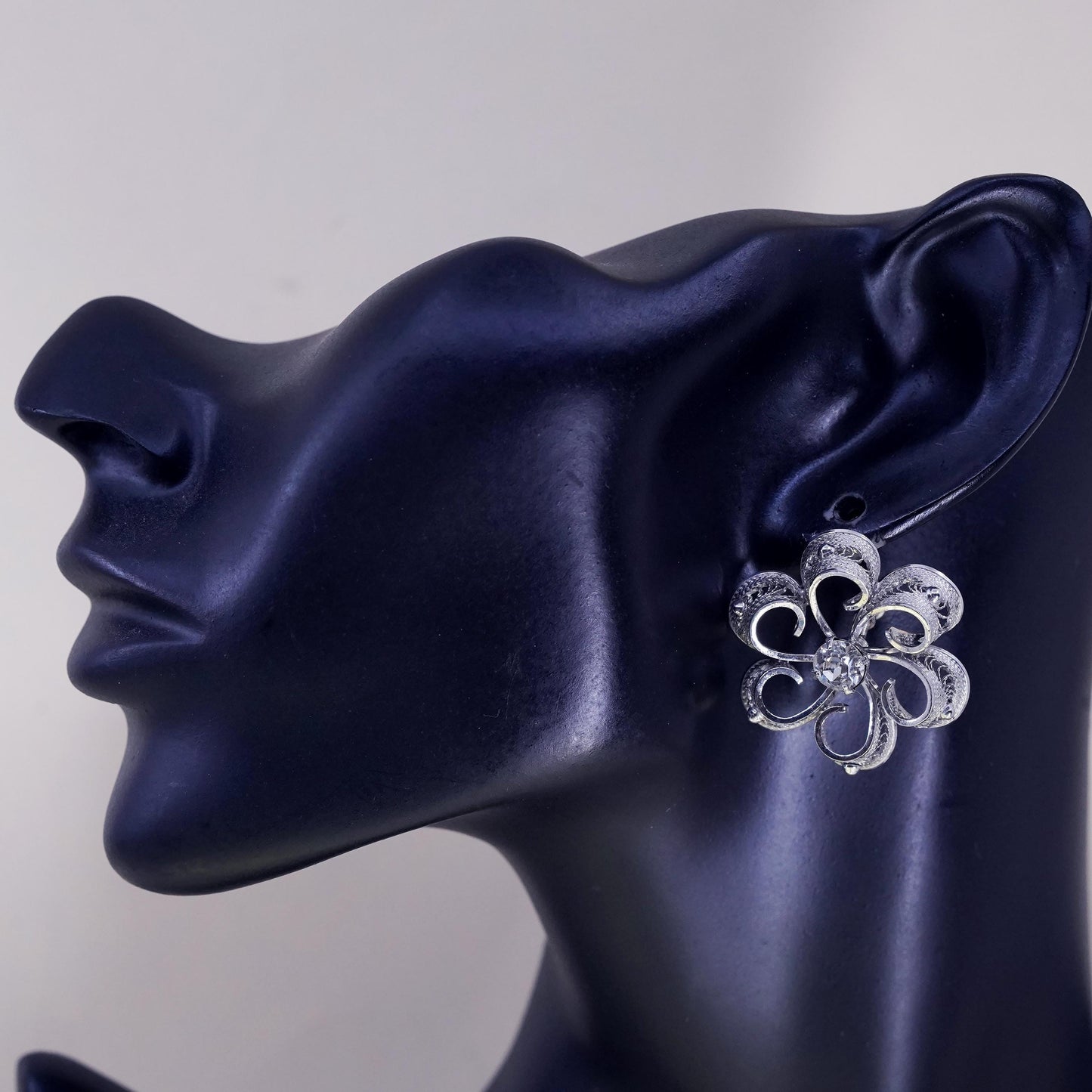 1950s sterling 925 silver earrings snowflake screw back earrings rhinestone