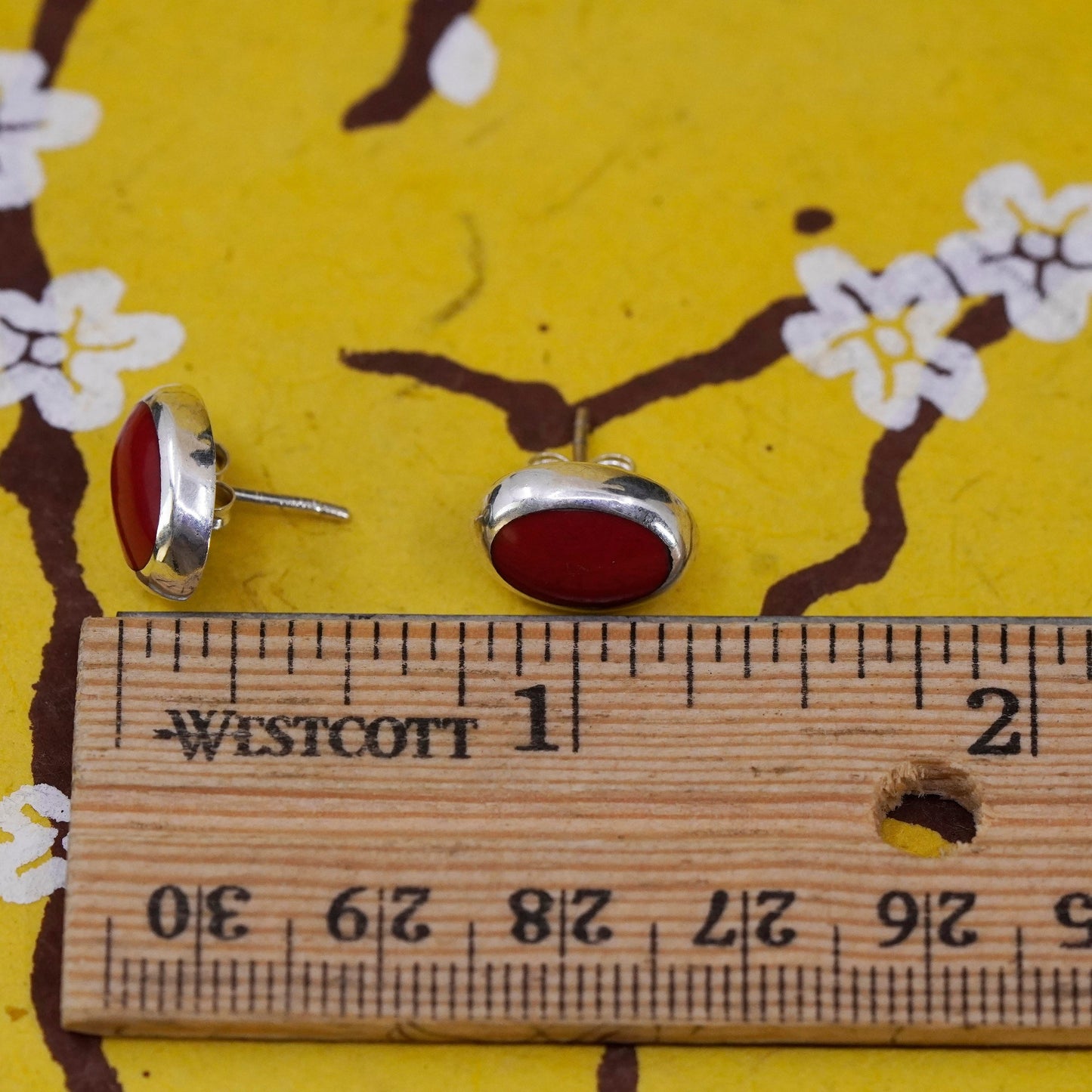 Vintage Sterling silver handmade earrings, 925 studs with red onyx