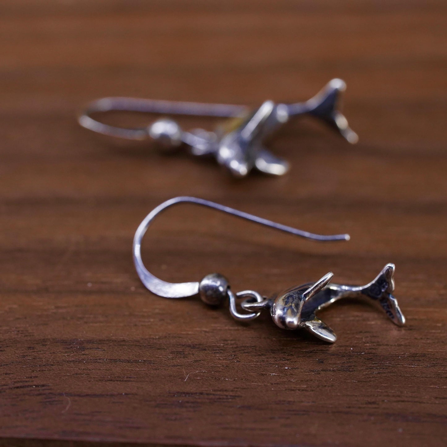 Vintage Sterling silver handmade earrings, 925 dolphin dangles