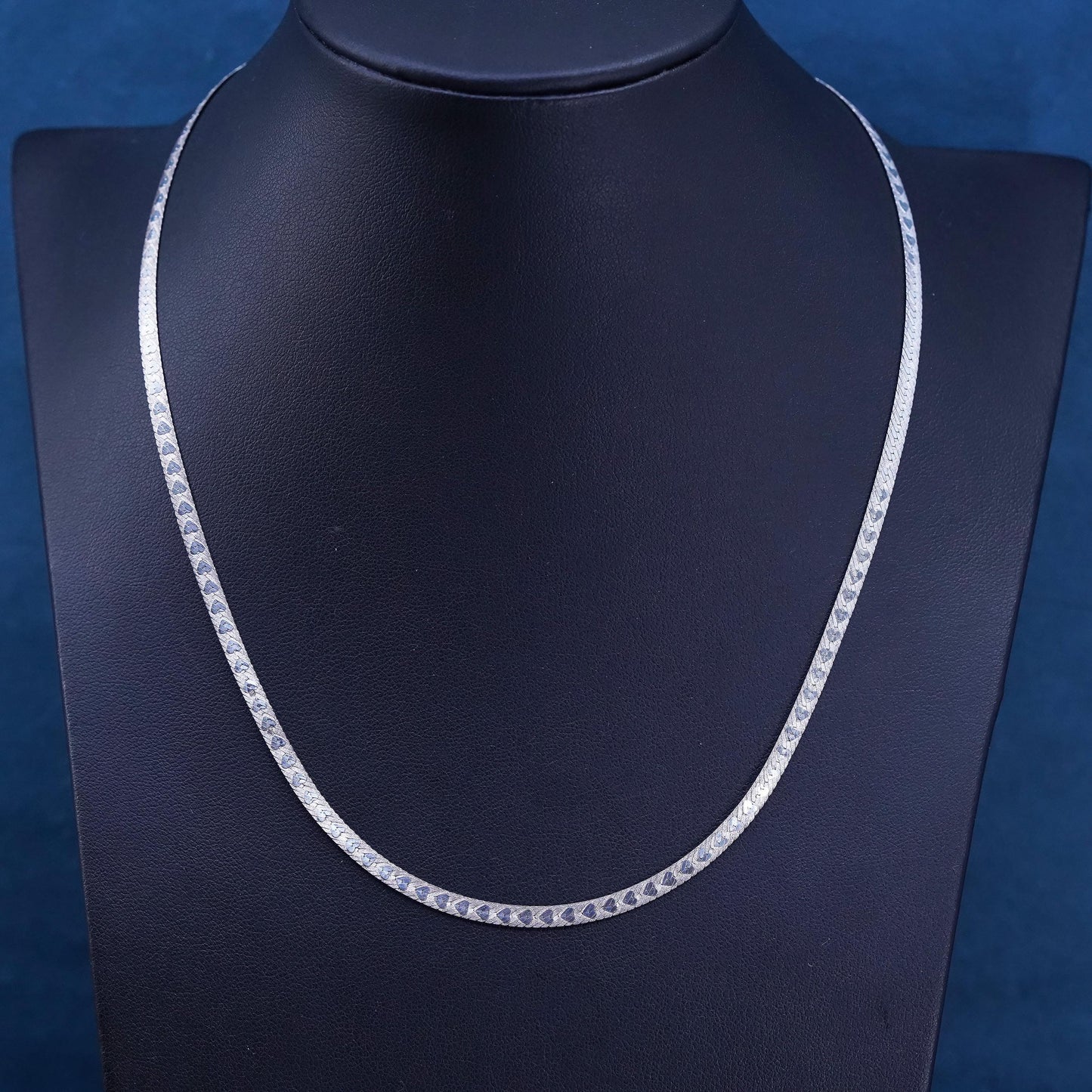 18”, vintage Sterling silver necklace, heart textured 925 herringbone chain