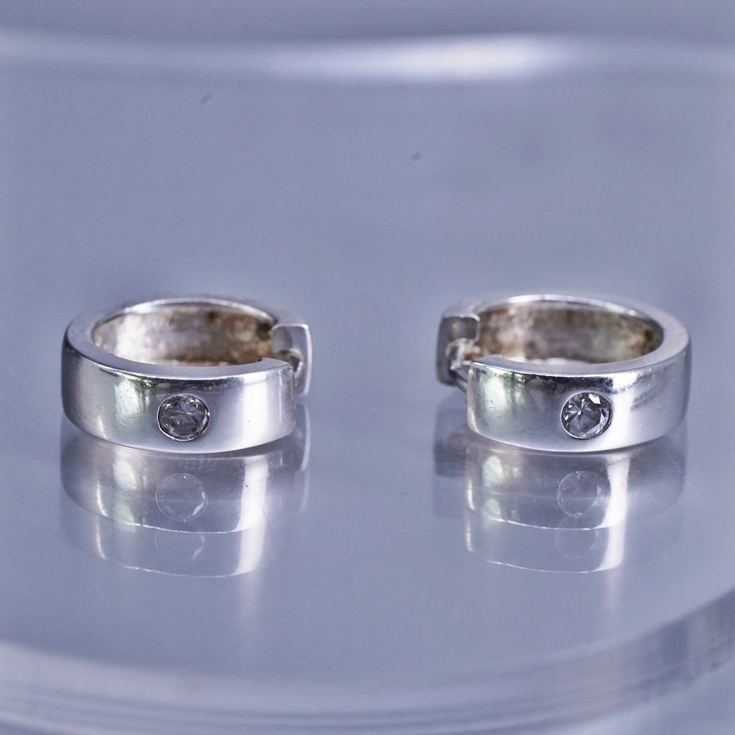 0.5”, vintage Sterling silver handmade earrings, 925 Huggie hoops with Cz