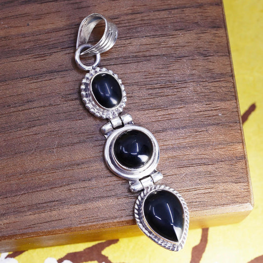 Vintage southwestern Sterling 925 silver handmade pendant teardrop black onyx