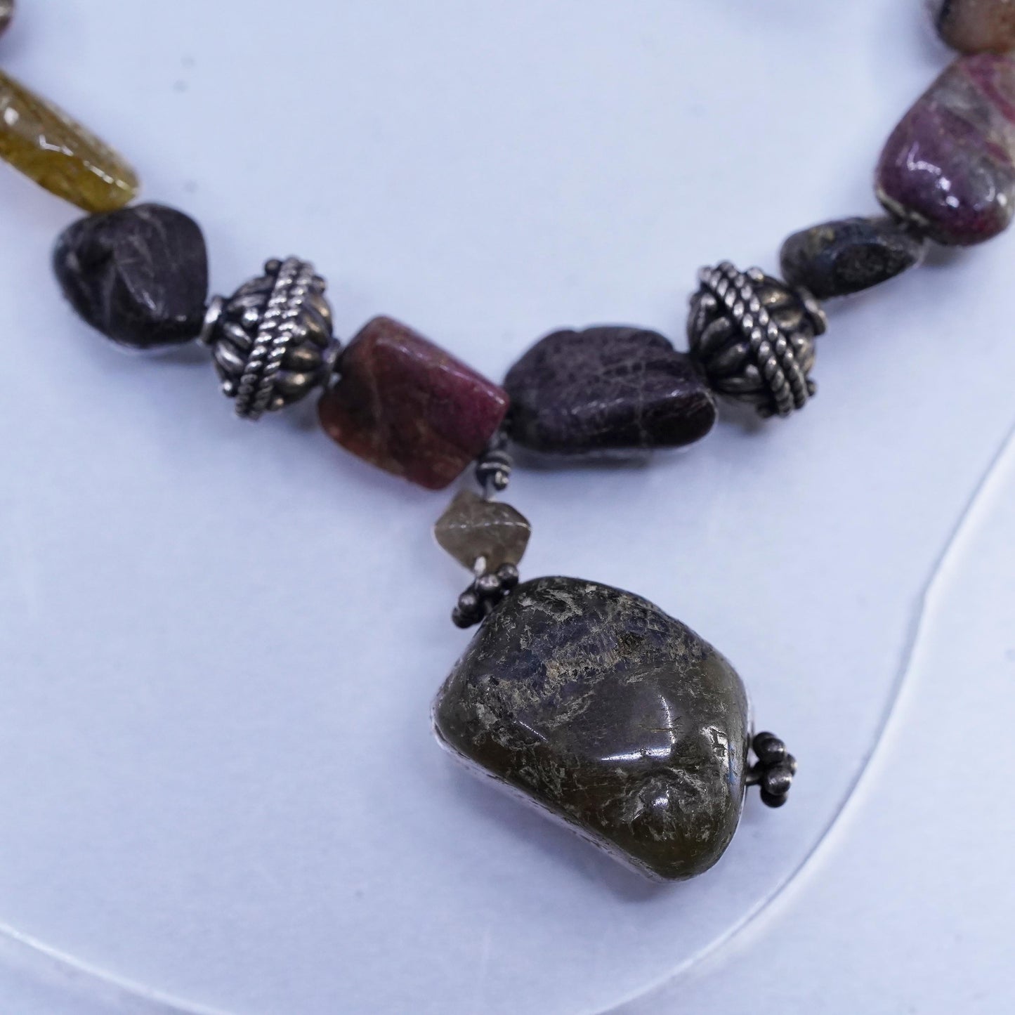 14” Vintage Sterling 925 Silver Handmade Jasper beads necklace nugget pendant