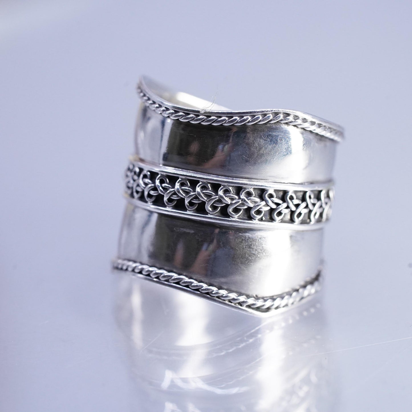 Size 9.5, Vintage Sterling Silver Wide Ring cable, Boho Statement 925 band