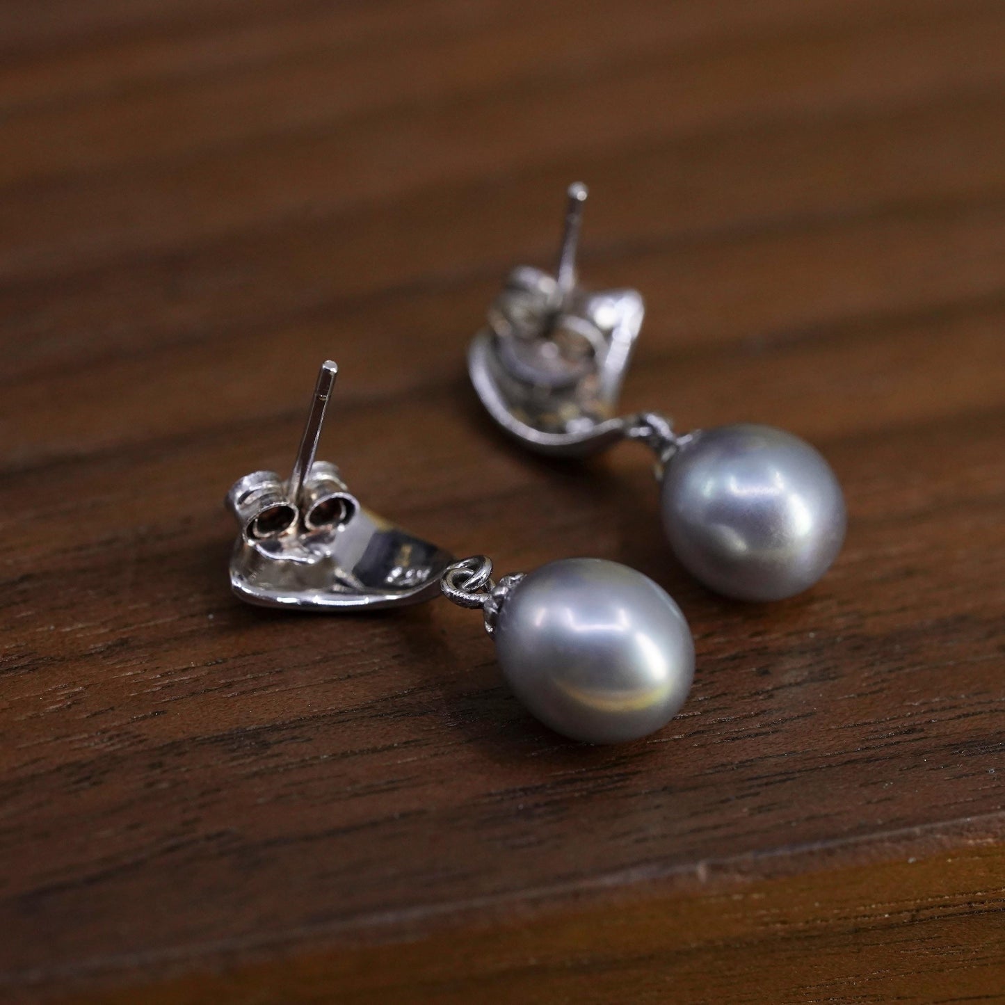 Vintage Sterling silver handmade earrings, 925 shell studs w/ gray pearl drops