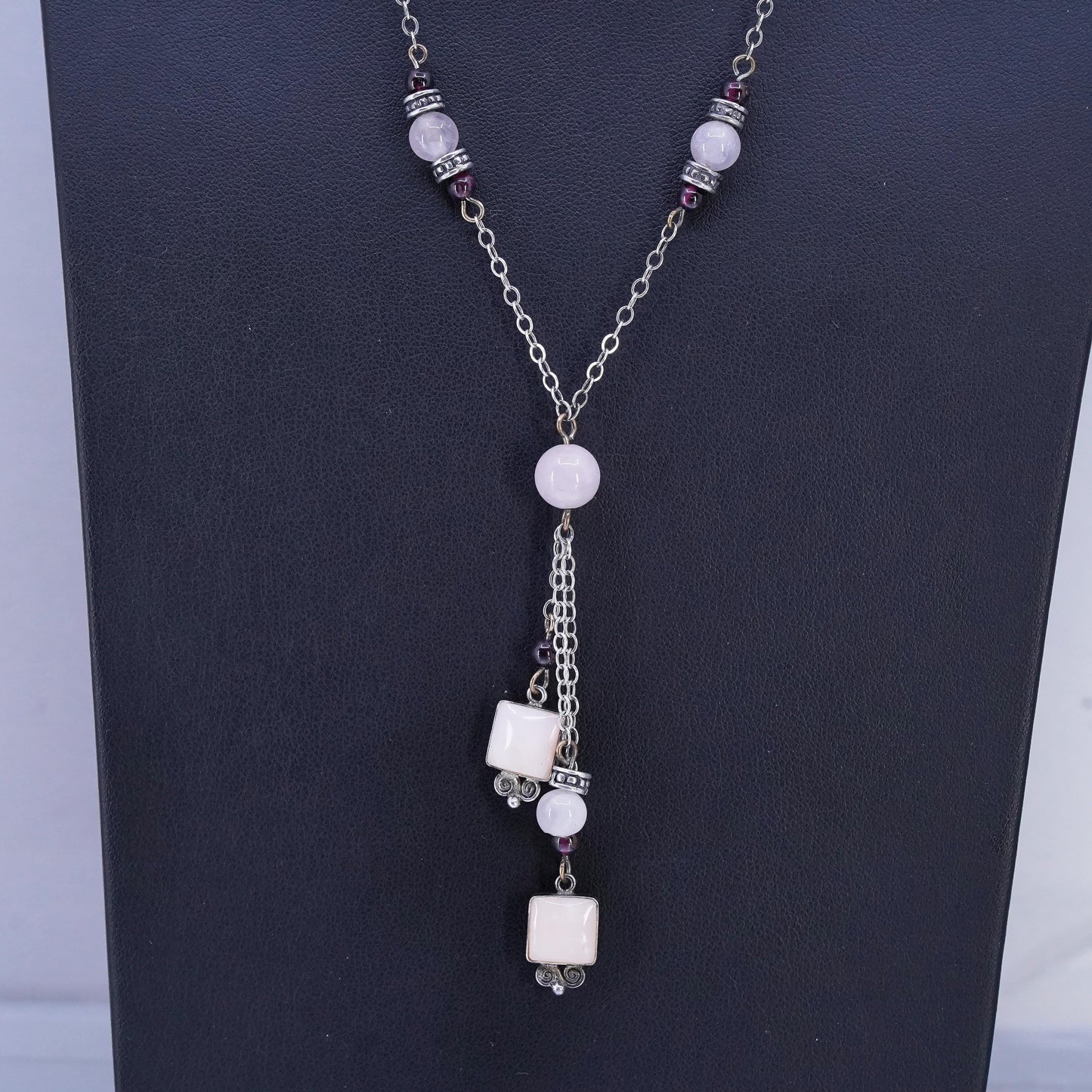 16+2", vintage Sterling 925 silver circle necklace pink quartz beads pendant