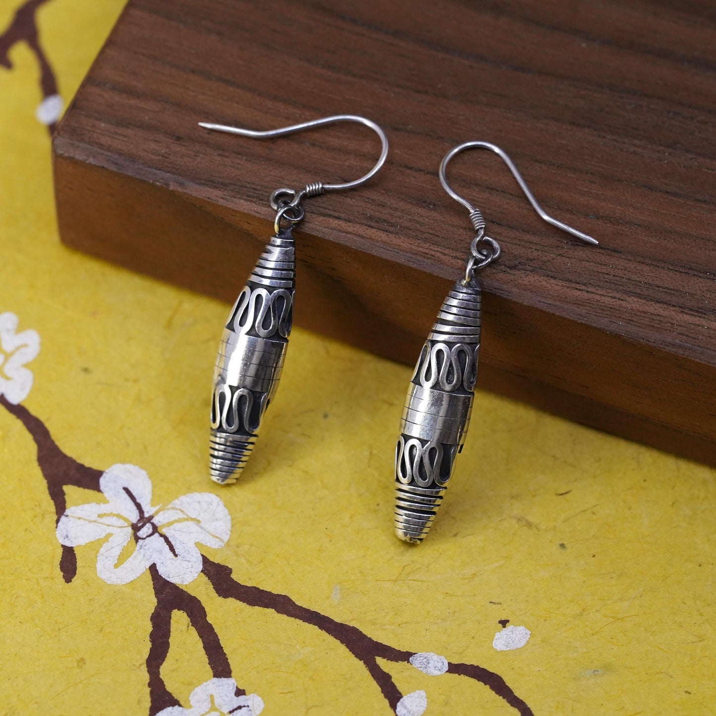Vintage Mexico Sterling silver handmade earrings, 925 wired wrapped dangles