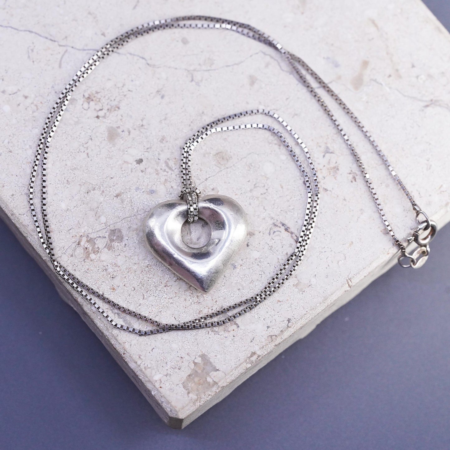 22", vintage Sterling silver necklace, 925 box chain with puffy heart pendant