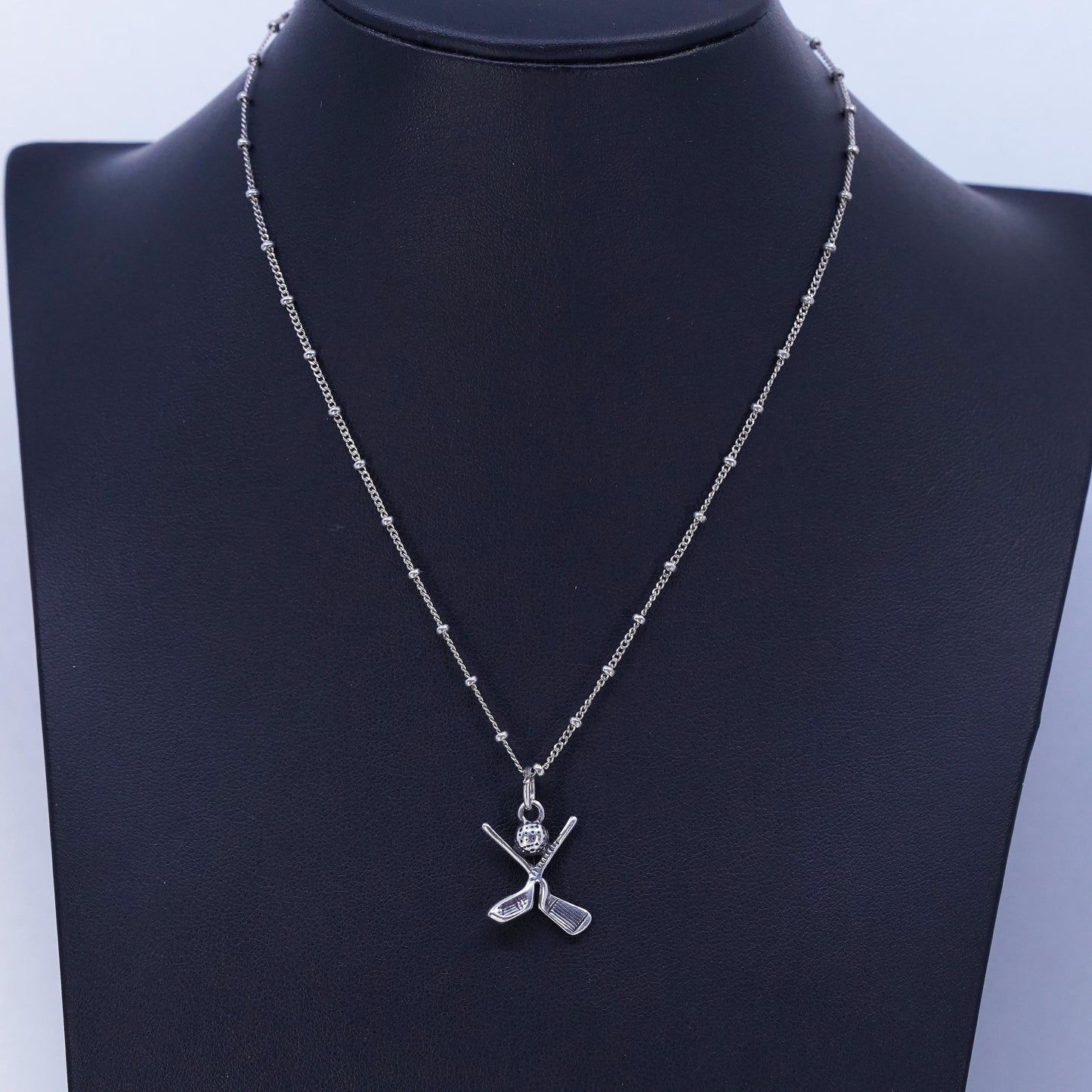12+2”, vintage Sterling 925 silver bead pendant necklace w/ gold clubs pendant