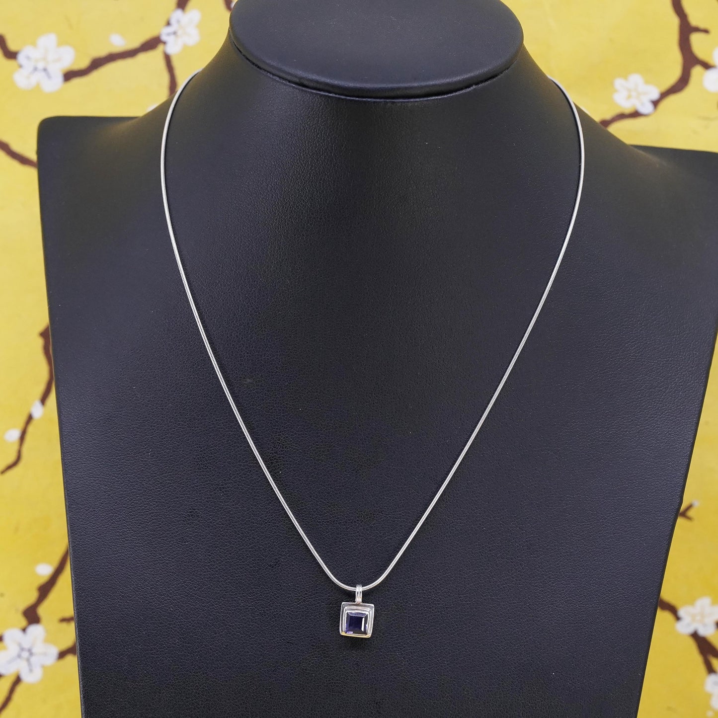 16", vintage sterling silver necklace, 925 snake chain square amethyst pendant