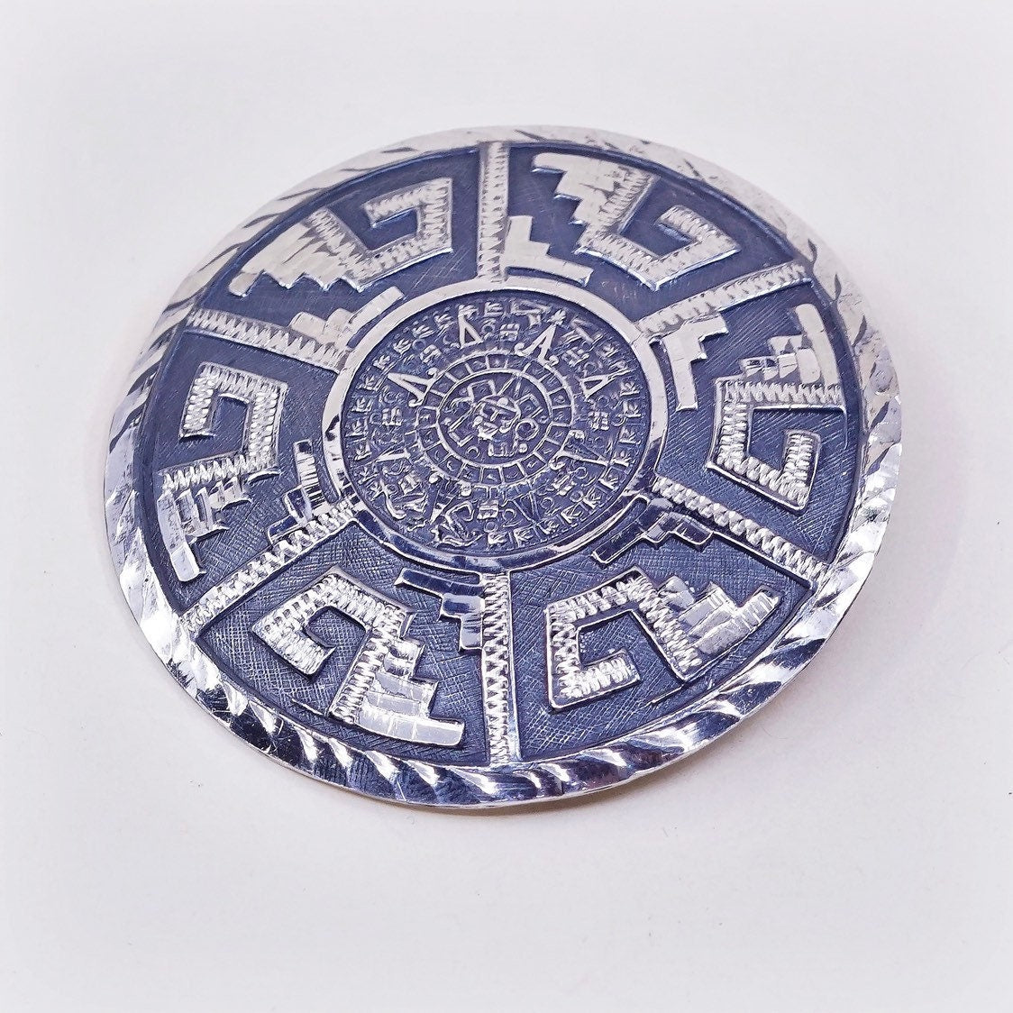 Vintage EVB sterling silver handmade brooch, solid 925 silver mayan calendar pendant, stamped 925 handmade
