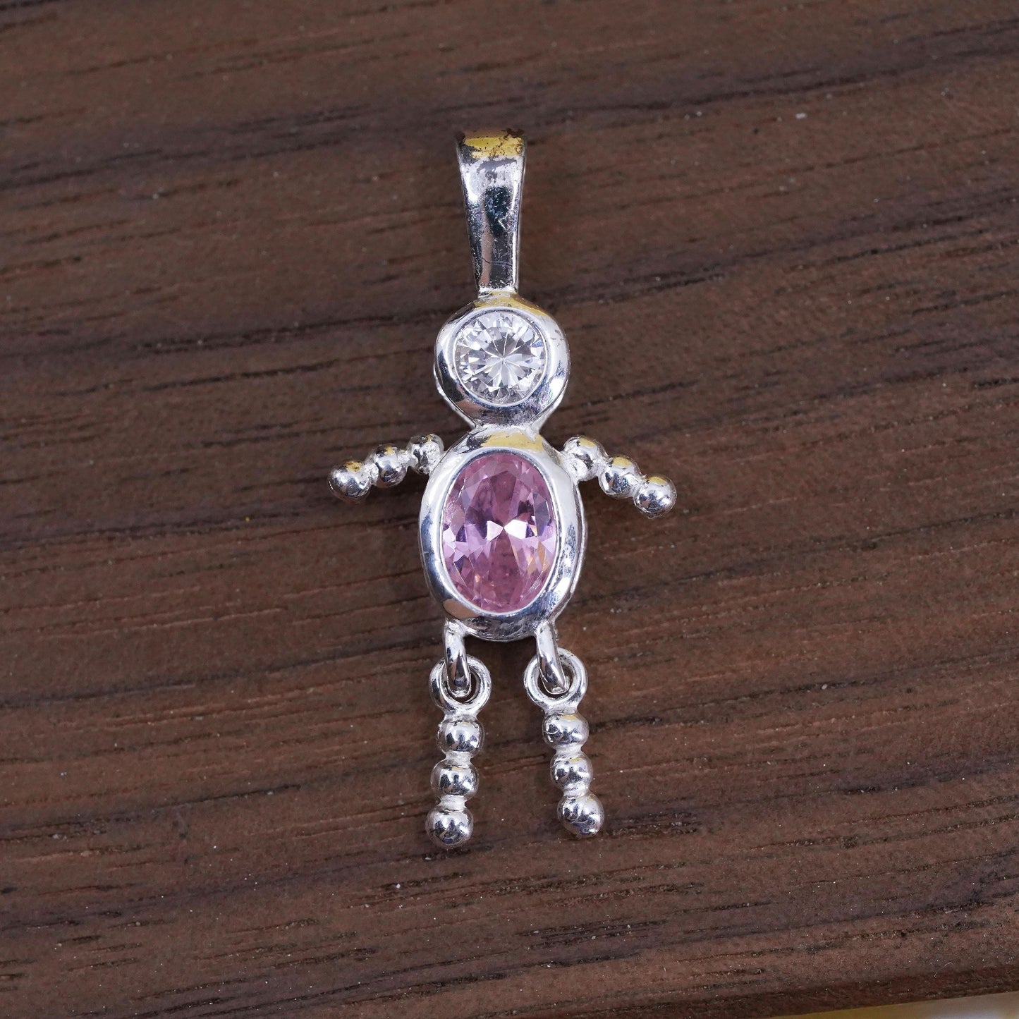 Vintage Sterling 925 silver birthstone pendant pink crystal, baby boy figure