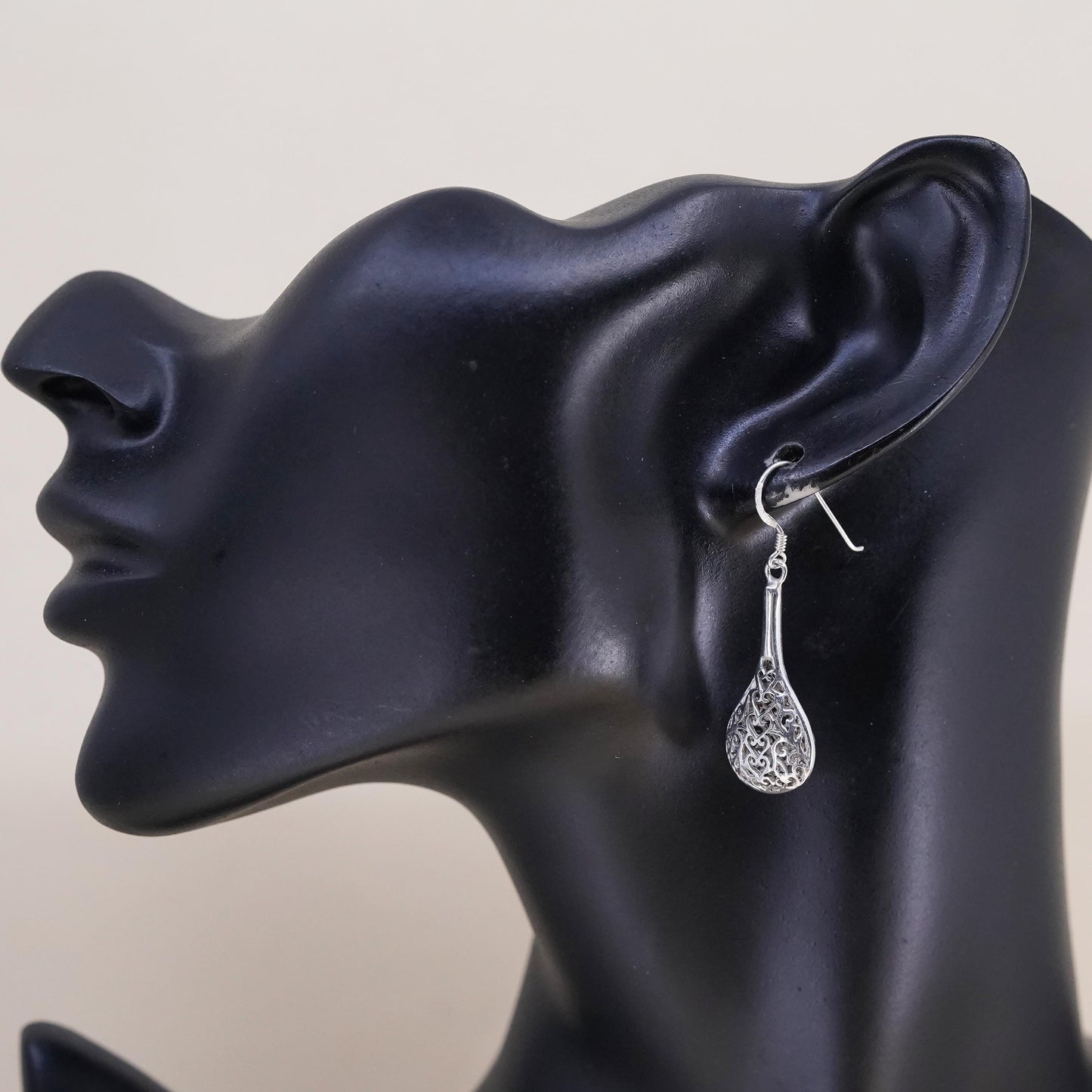 Vintage sterling silver handmade earrings, 925 filigree teardrops