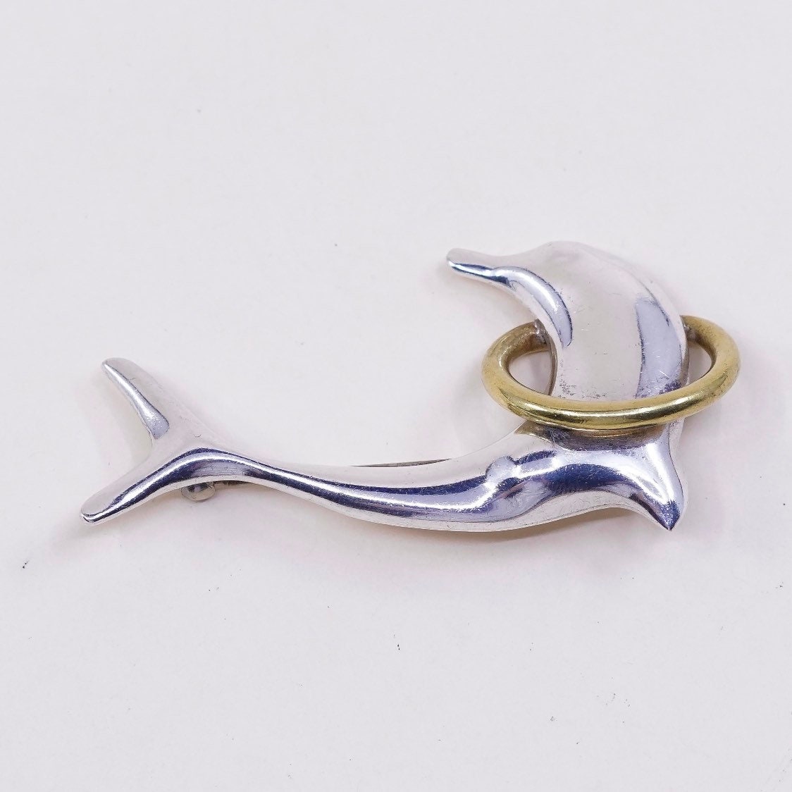 Vintage two Tone sterling silver handmade brooch, solid 925 silver dolphin w/ brass ring, stamped 925 mexico