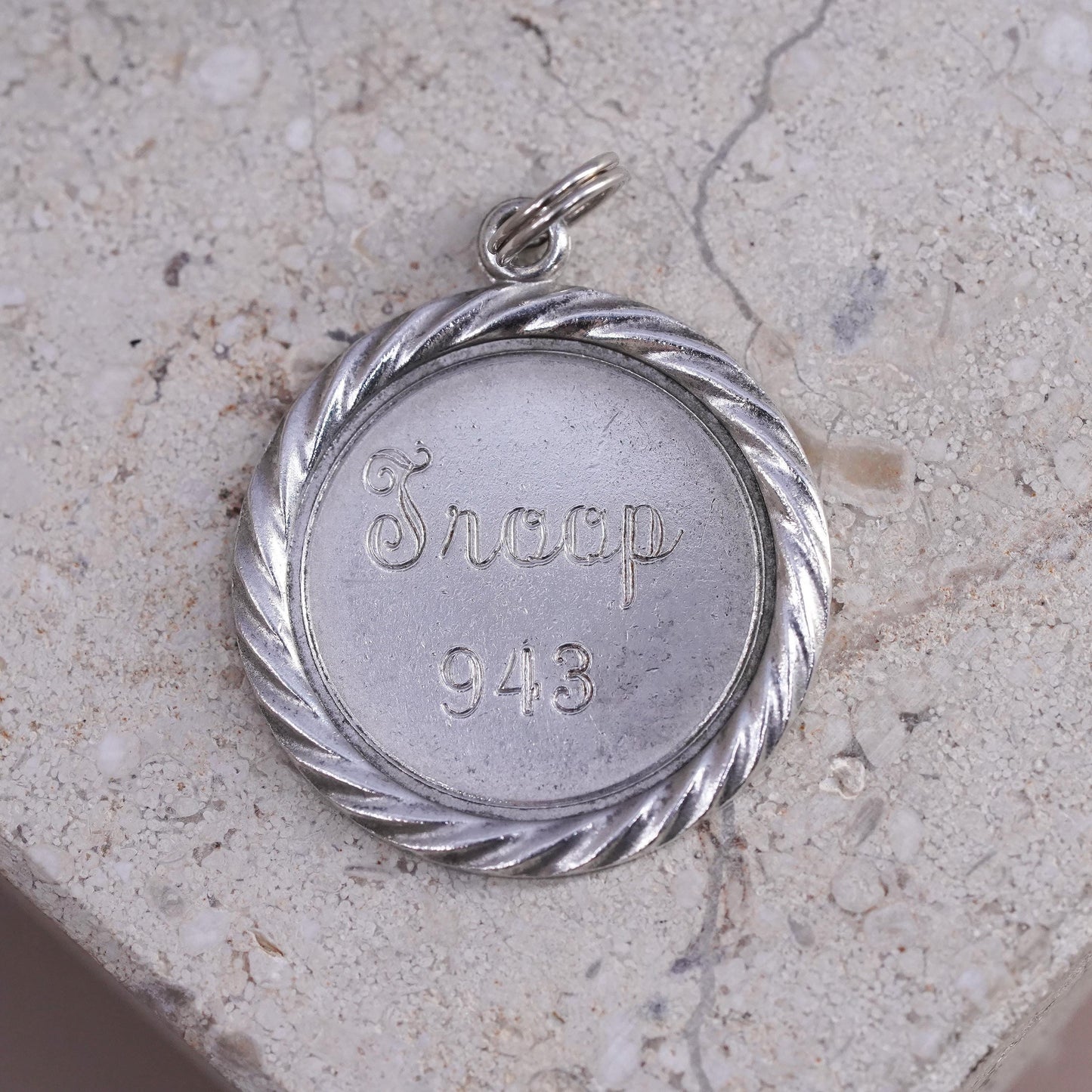 Vintage sterling silver handmade pendant, 925 tag charm engraved Troop 943