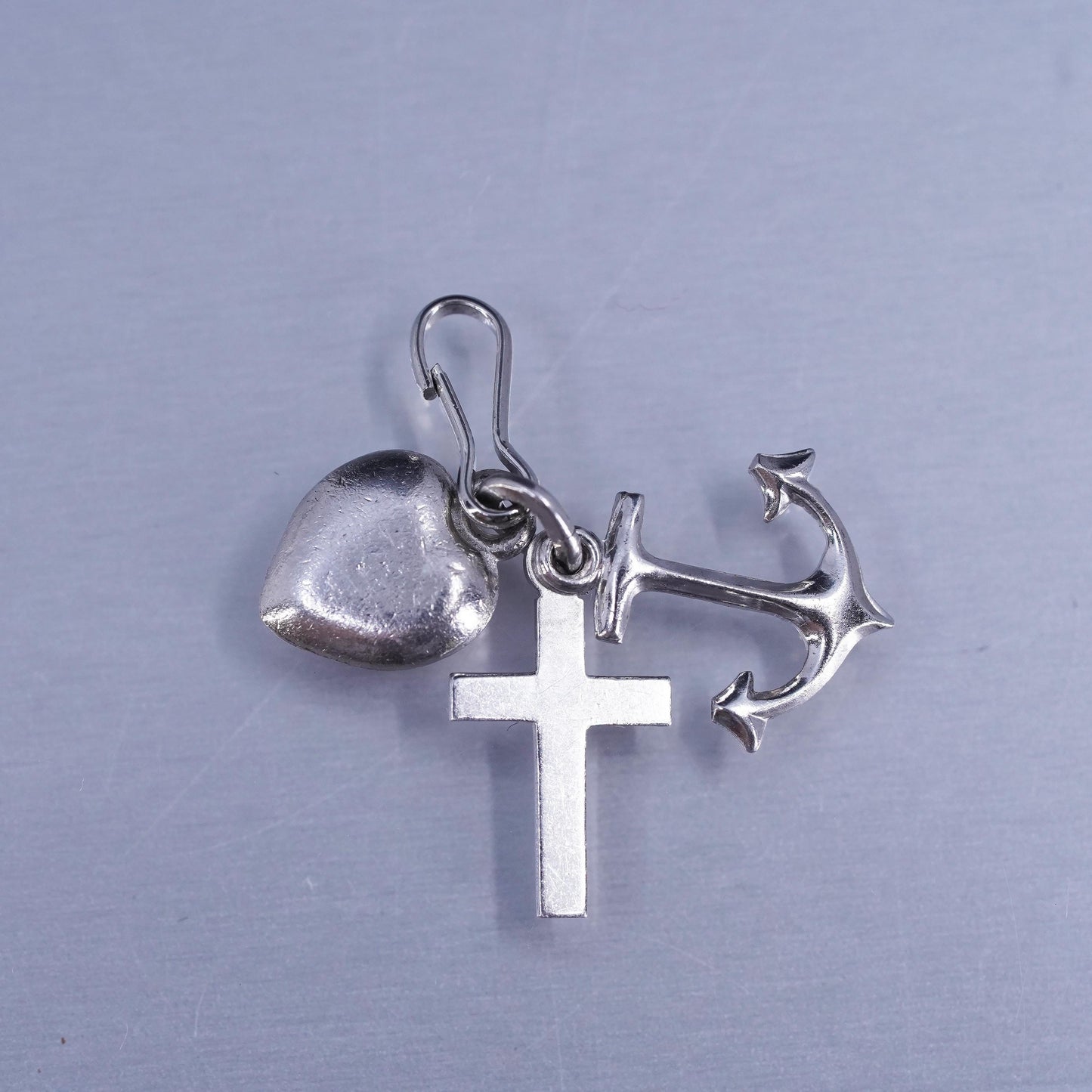 Vintage sterling 925 silver heart cross anchor charm pendant, stamped 925