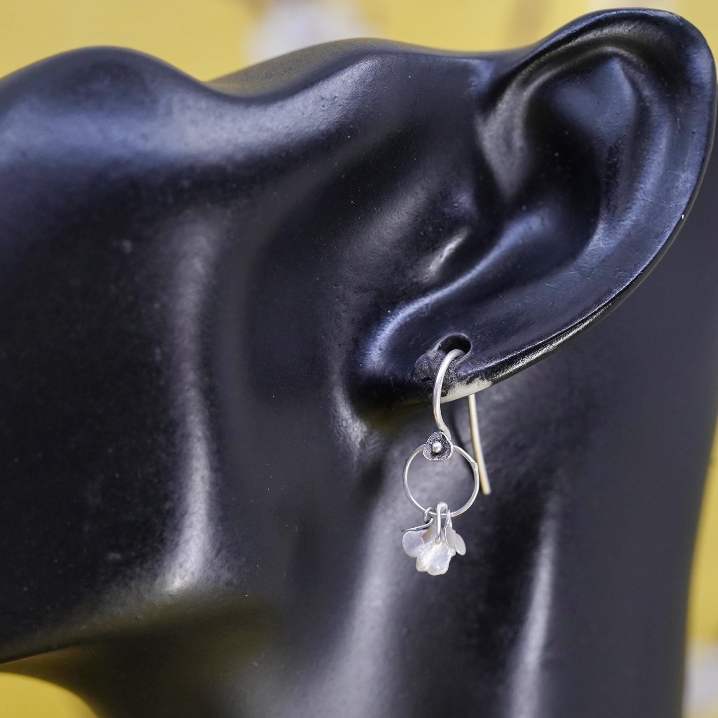 Vintage Sterling silver handmade earrings, 925 circle with pearl disc dangles
