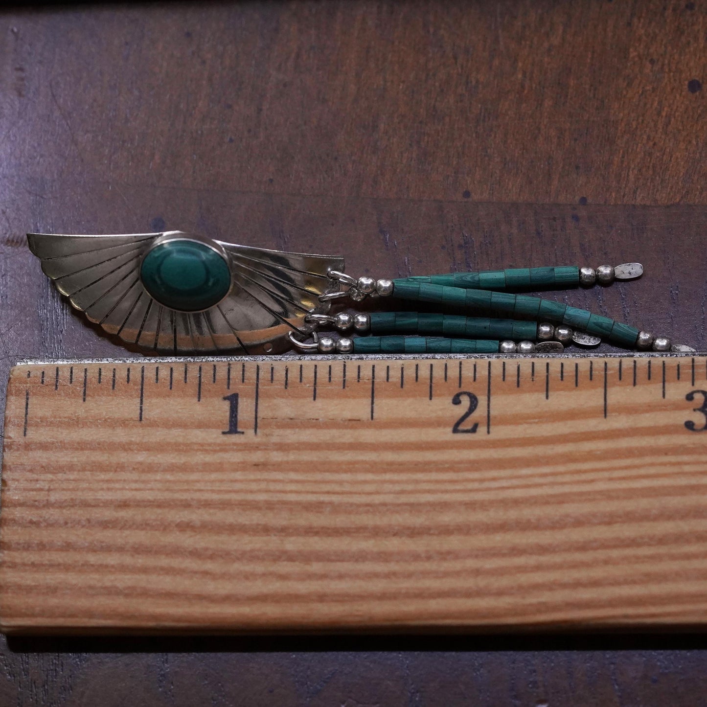 Native American single earring Navajo Sterling 925 silver malachite wing fringe