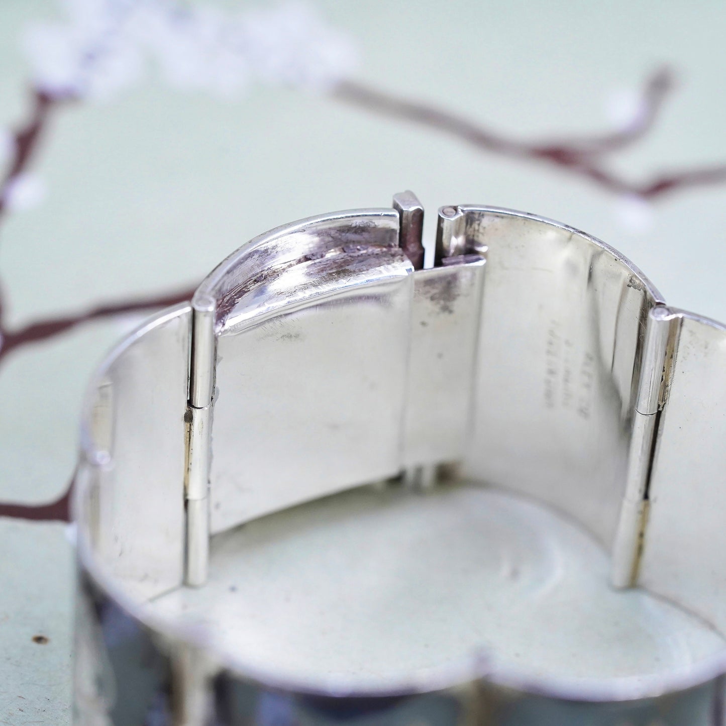 6”, Indian Siam Alex Co 925 sterling silver wide bracelet engraved goddess