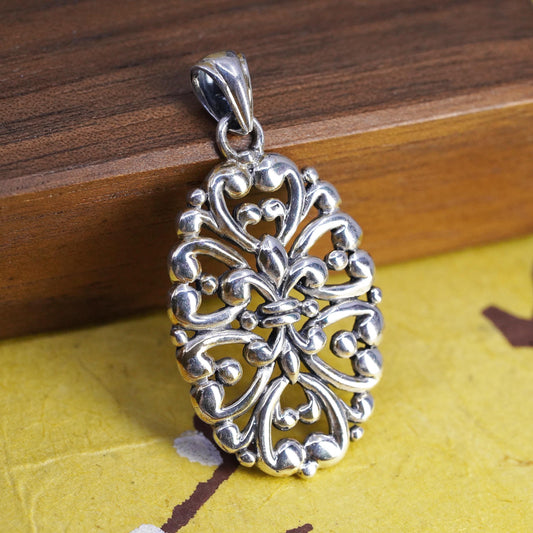 Sterling Silver 925 Filigree Ornate Fleur de Lis Scrollwork Pendant, Openwork