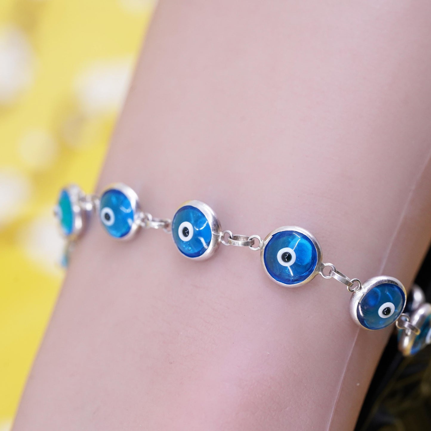 7”, vintage sterling 925 silver handmade bracelet blue evil eye bracelet