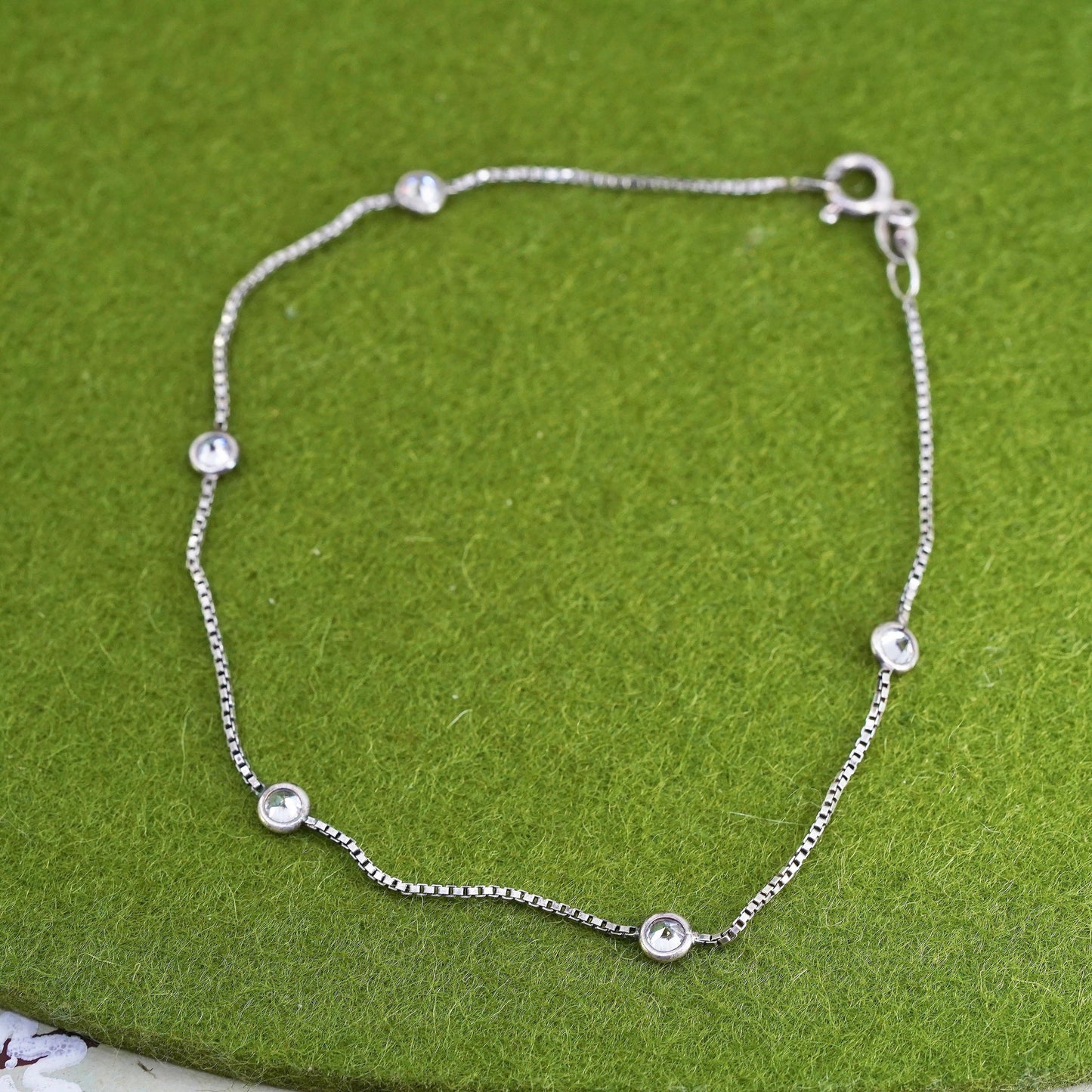 Vintage sterling silver bracelet, 925 box chain anklet with heart and cz