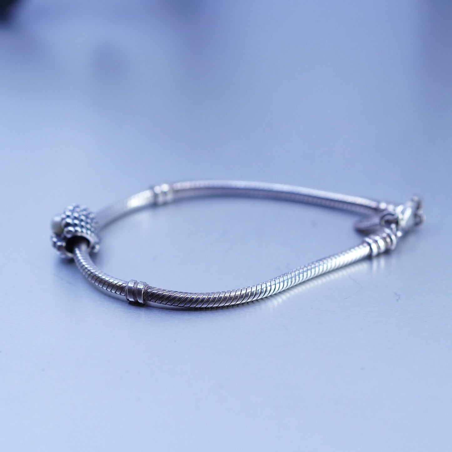 7”, Pandora Sterling 925 silver bracelet, bold snake link chain w/ pearl shell