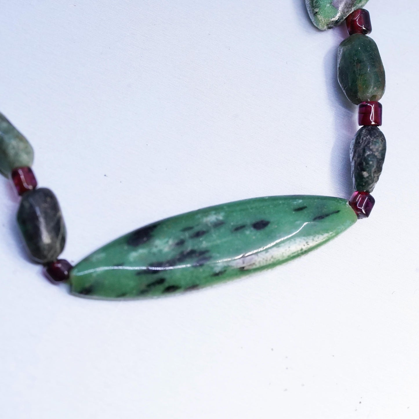 18", vintage Sterling 925 silver necklace carved Ruby in Zoisite leaves beads
