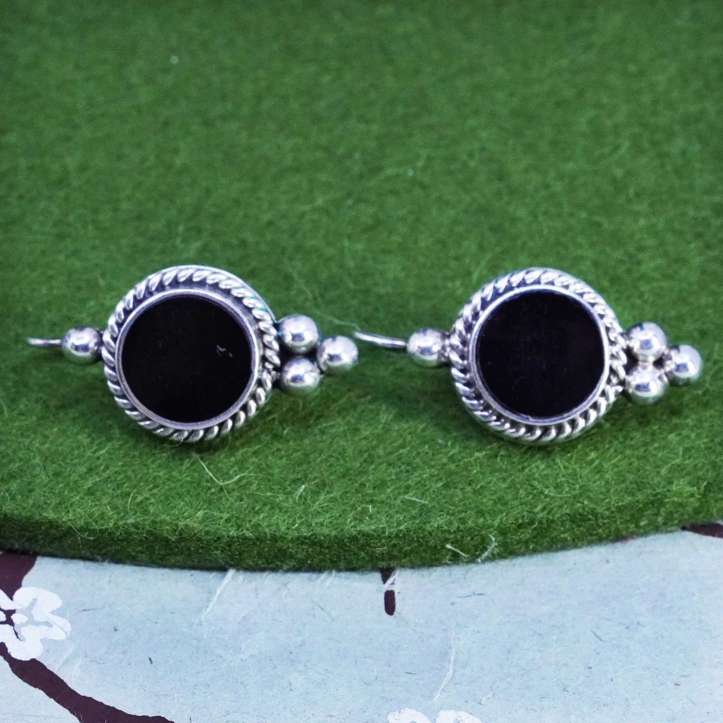 Vintage sterling 925 silver handmade earrings with circle onyx and beads
