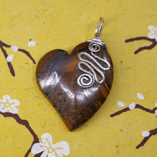 Vintage Sterling 925 silver handmade wired heart pendant with golden tiger eye