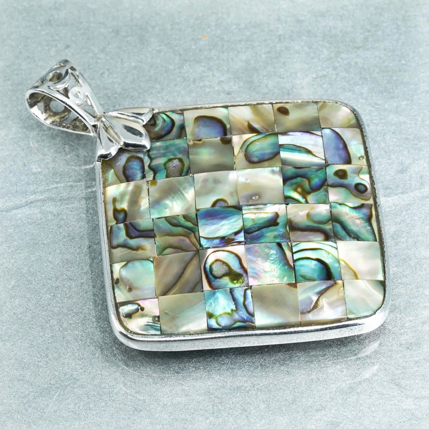 vintage sterling 925 silver handmade square pendant with abalone inlay