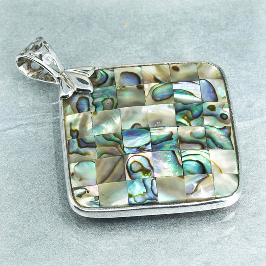 vintage sterling 925 silver handmade square pendant with abalone inlay