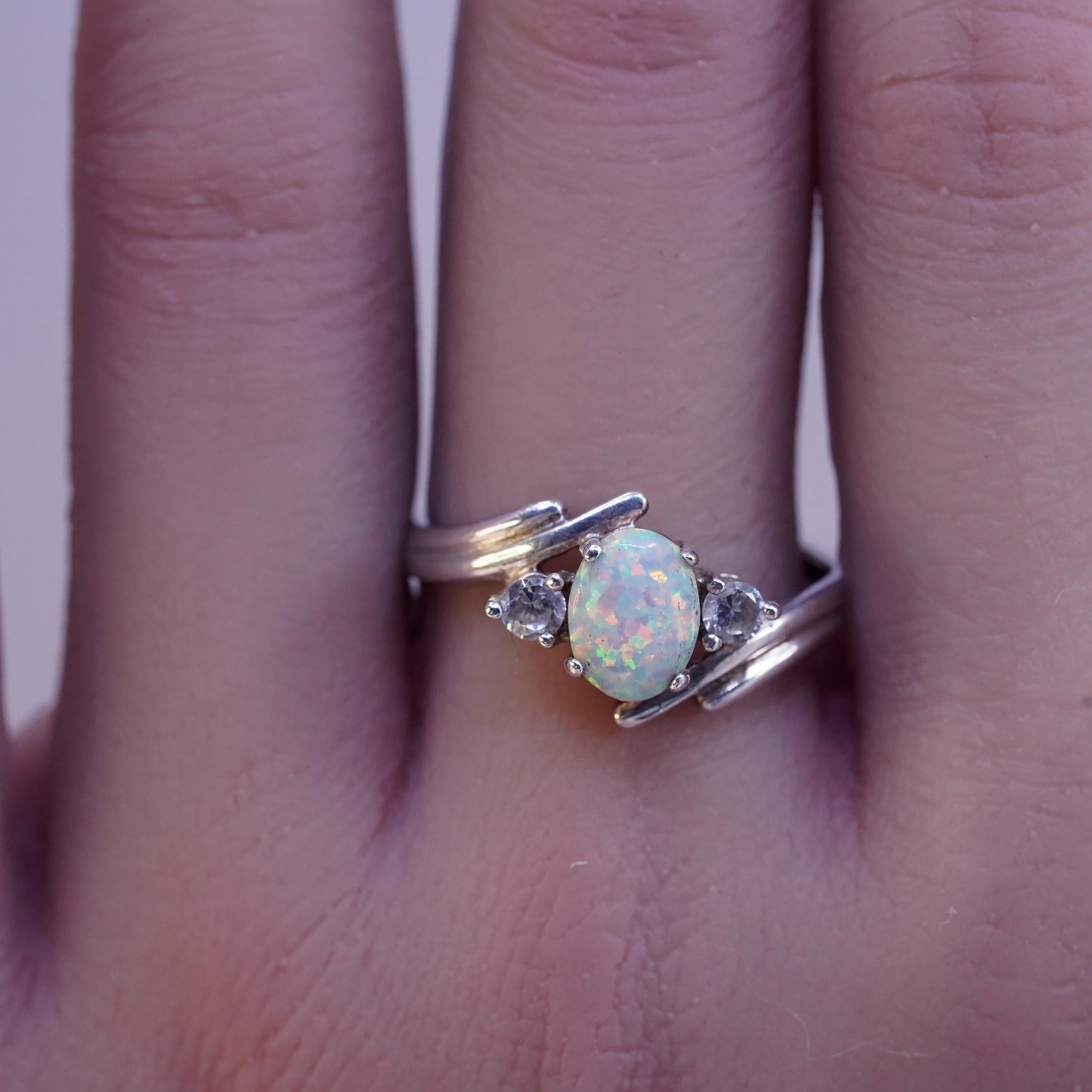 Size 9.5, vintage Sterling Silver opal Ring with cz details