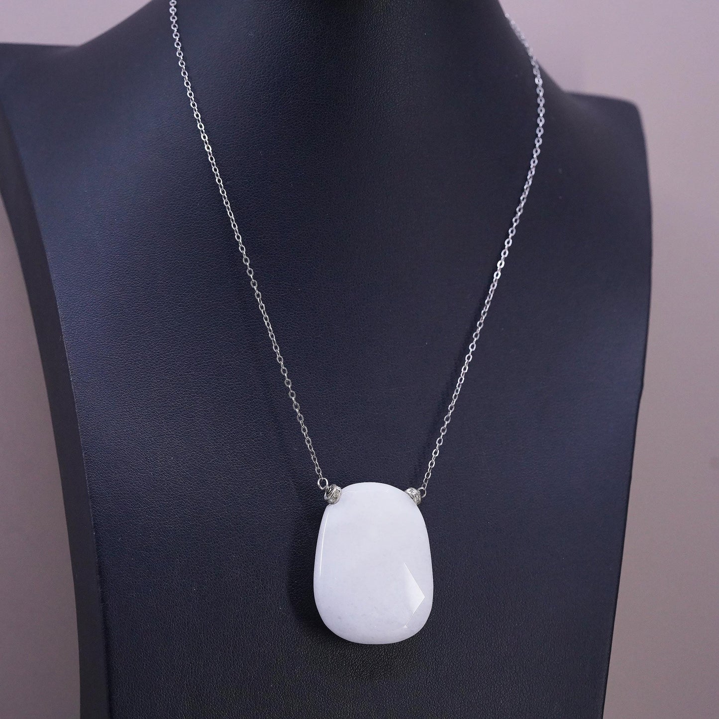 16", VTG Faceted Natural White Jadeite Jade Necklace Sterling Silver 925 Chain
