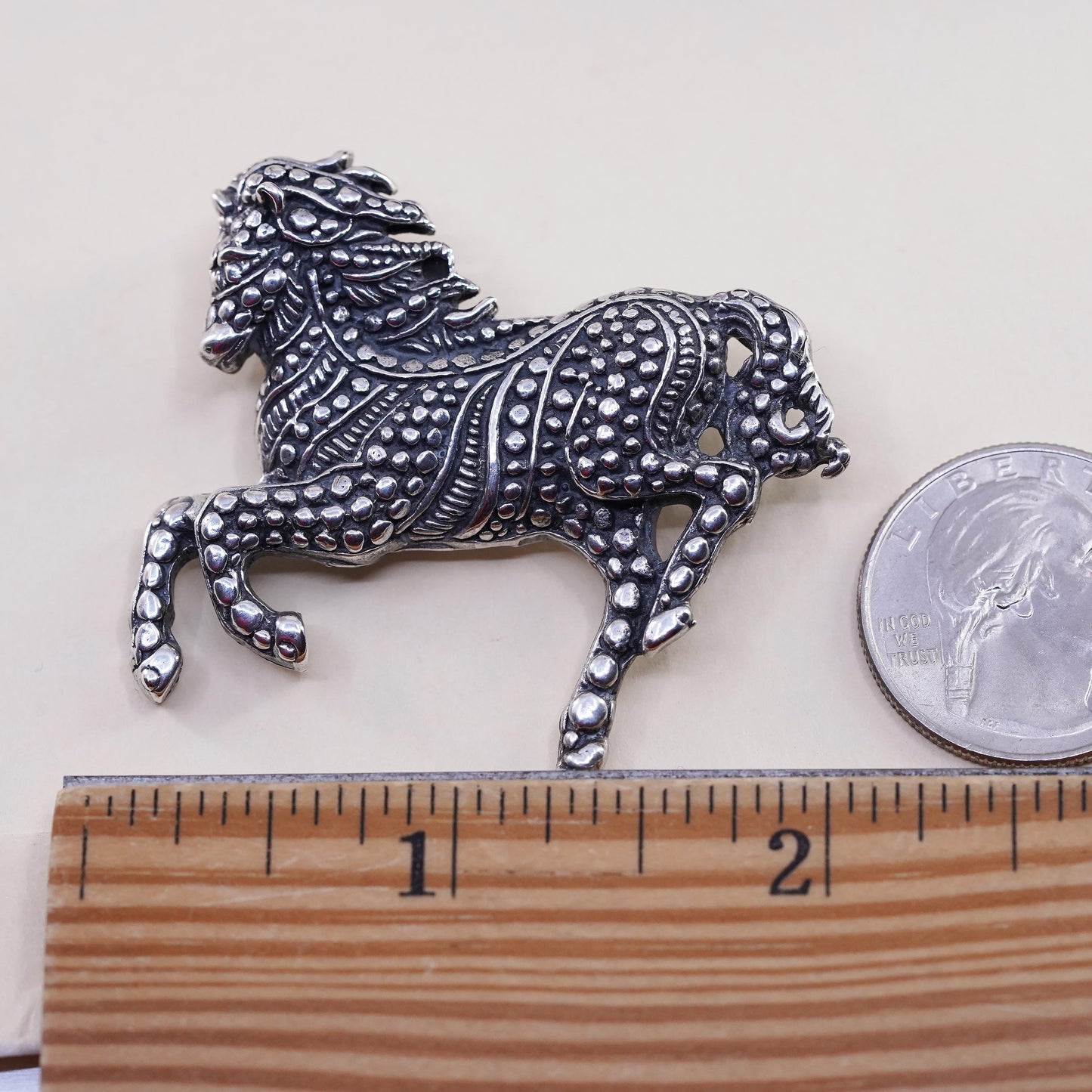 Vintage oxidized Sterling Silver Brooch 925 Pin, beaded horse Statement Jewelry