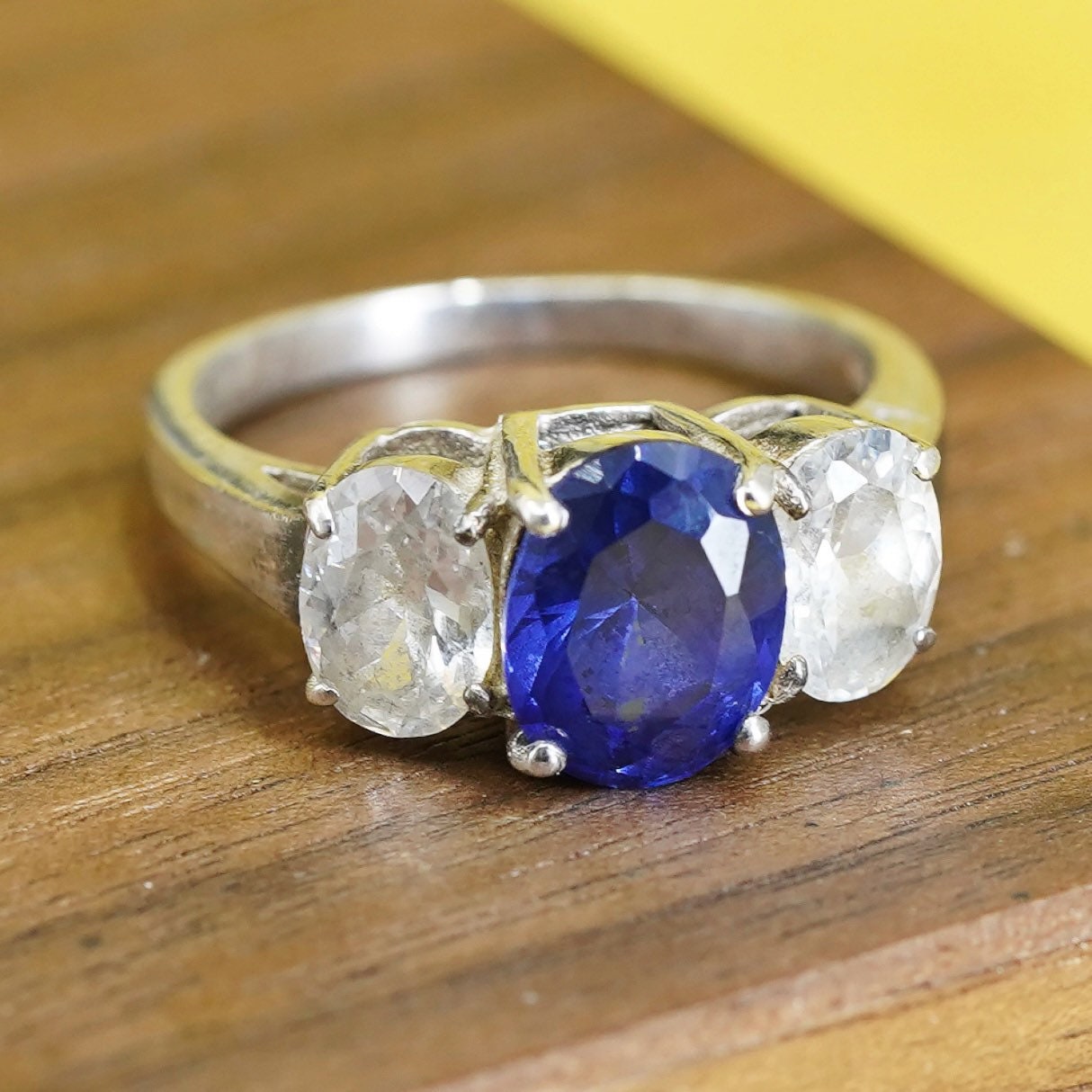 Size 7, vintage Sterling silver 925 handmade ring with crystal and sapphire