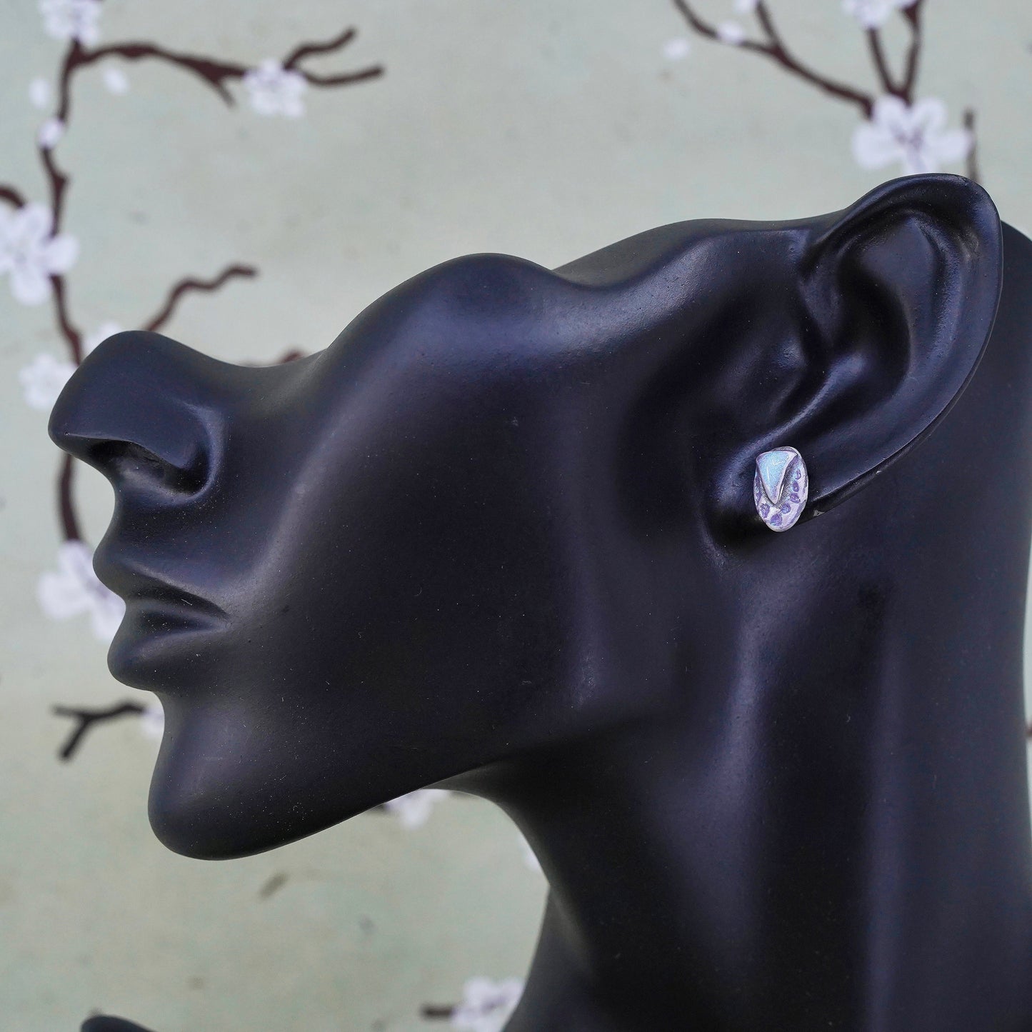 Vintage Sterling silver earrings, 925 studs with glittering resin purple nugget