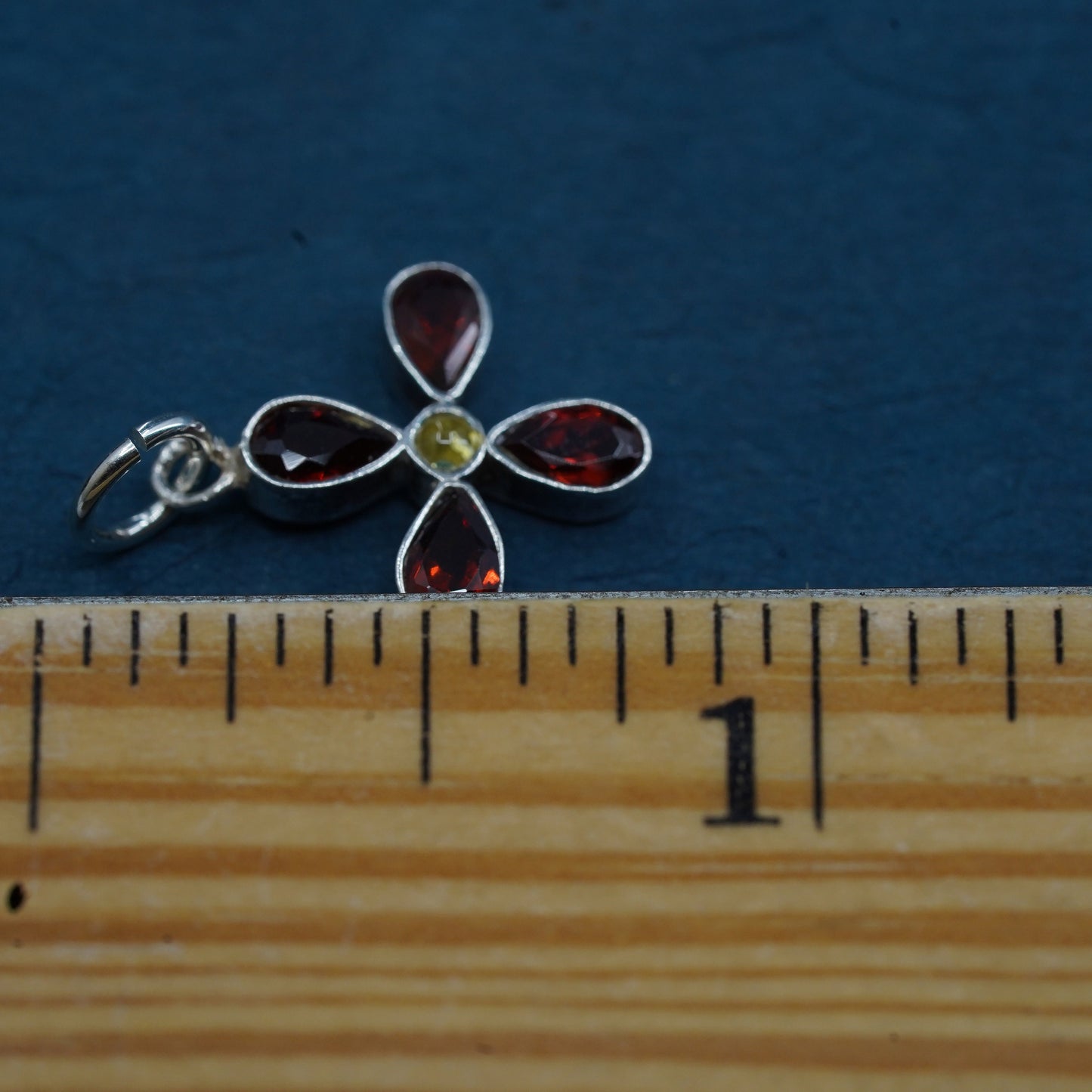 Vintage Sterling silver handmade pendant, 925 flower with ruby and citrine
