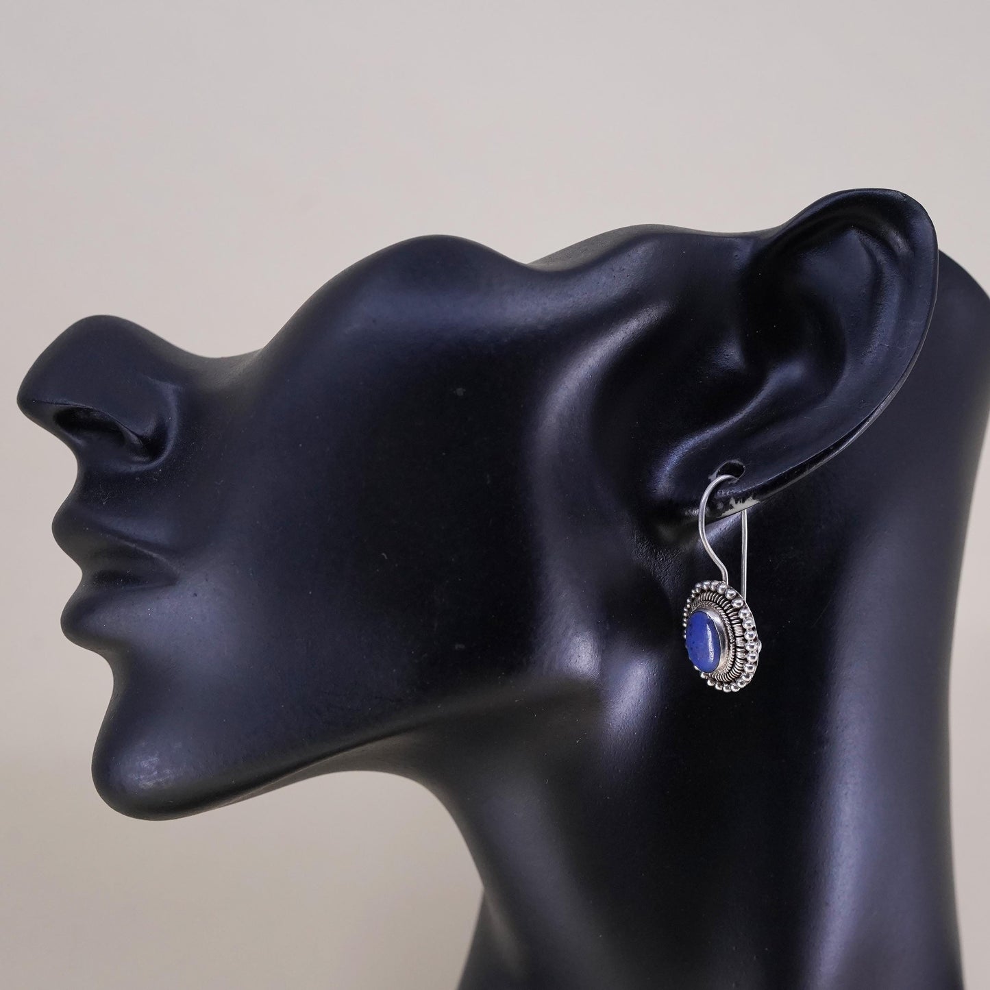 Vintage Sterling 925 Silver Handmade earrings with oval lapis lazuli and beads