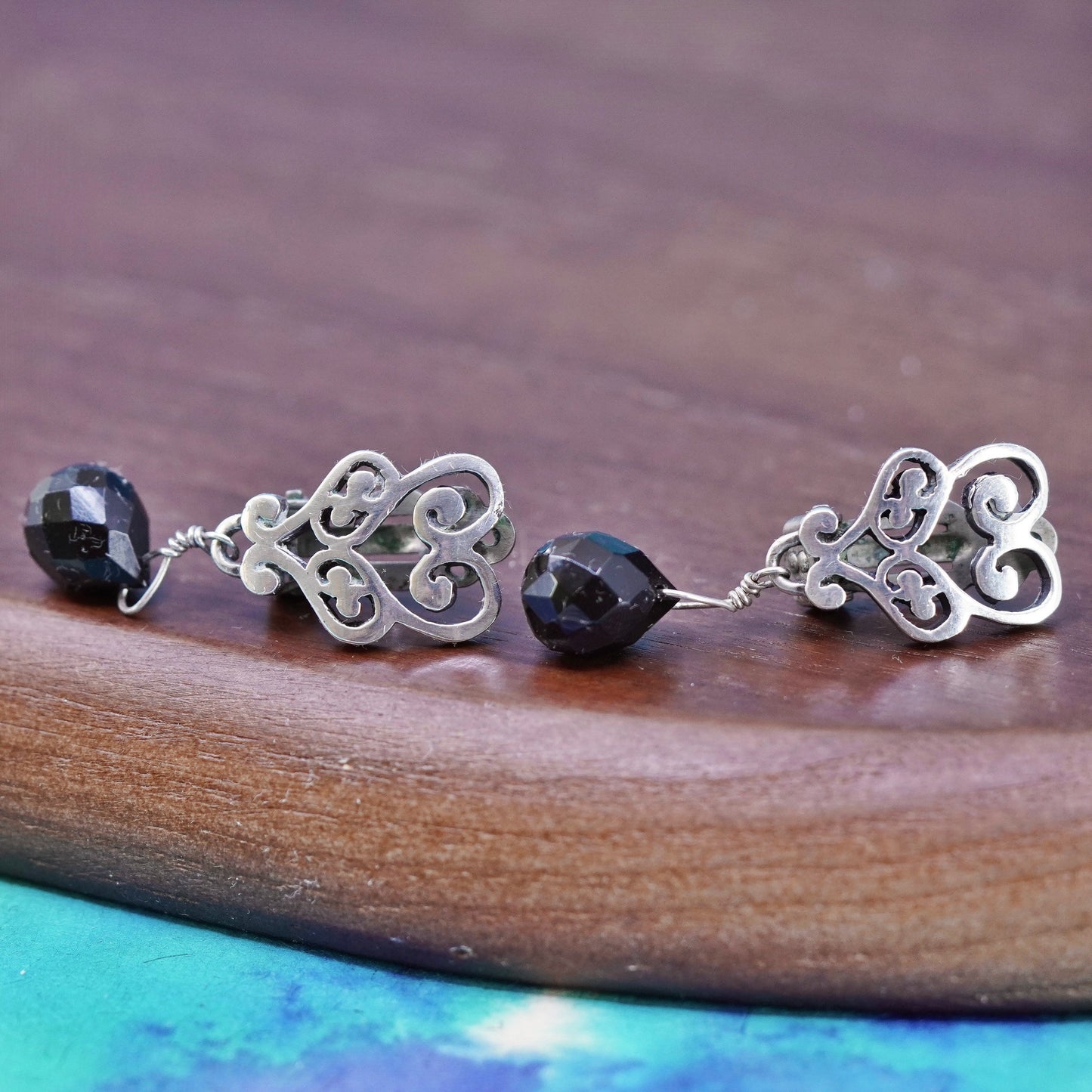 Vintage Sterling silver handmade clip on, 925 swirly earrings with black onyx