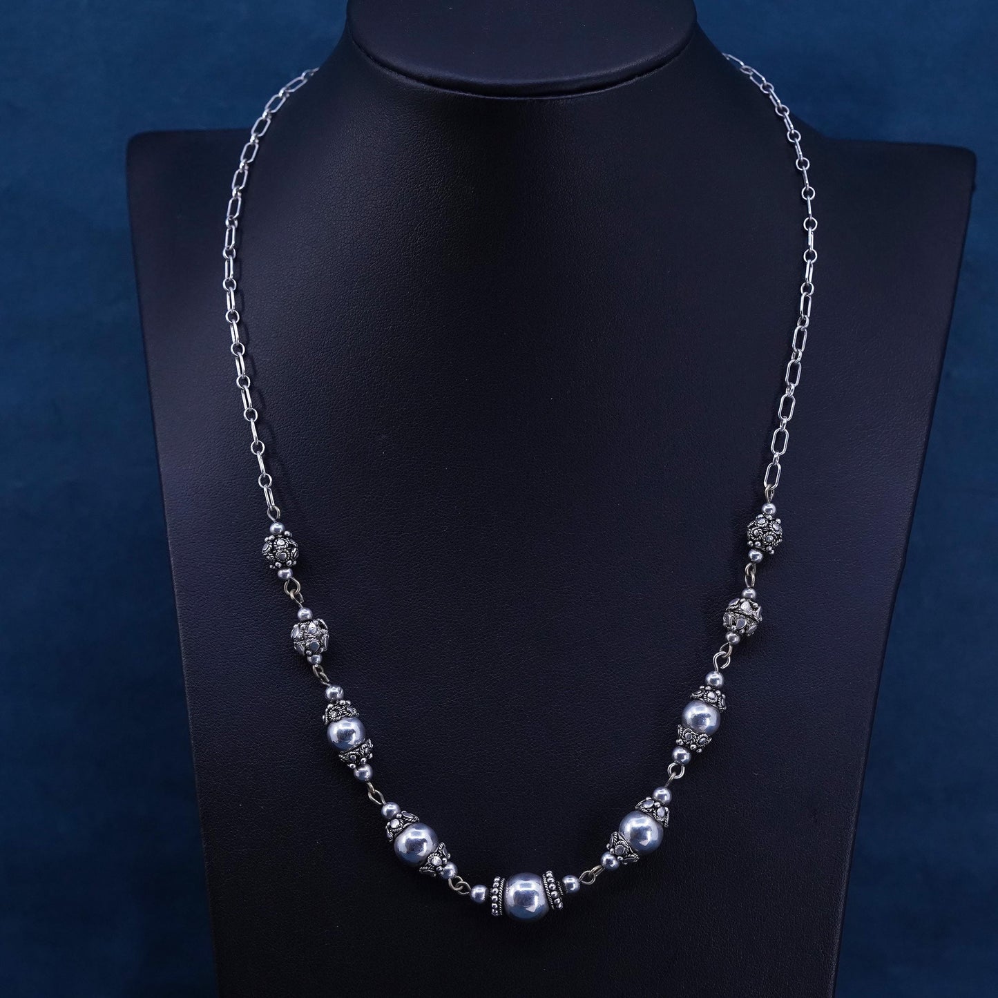 19”, vintage Sterling silver handmade necklace, 925 elongated chain 10mm beads