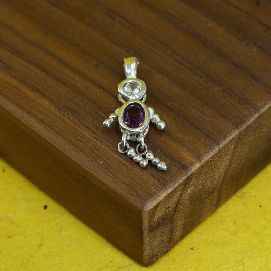 Vintage Sterling 925 silver handmade pendant with amethyst, baby boy figure