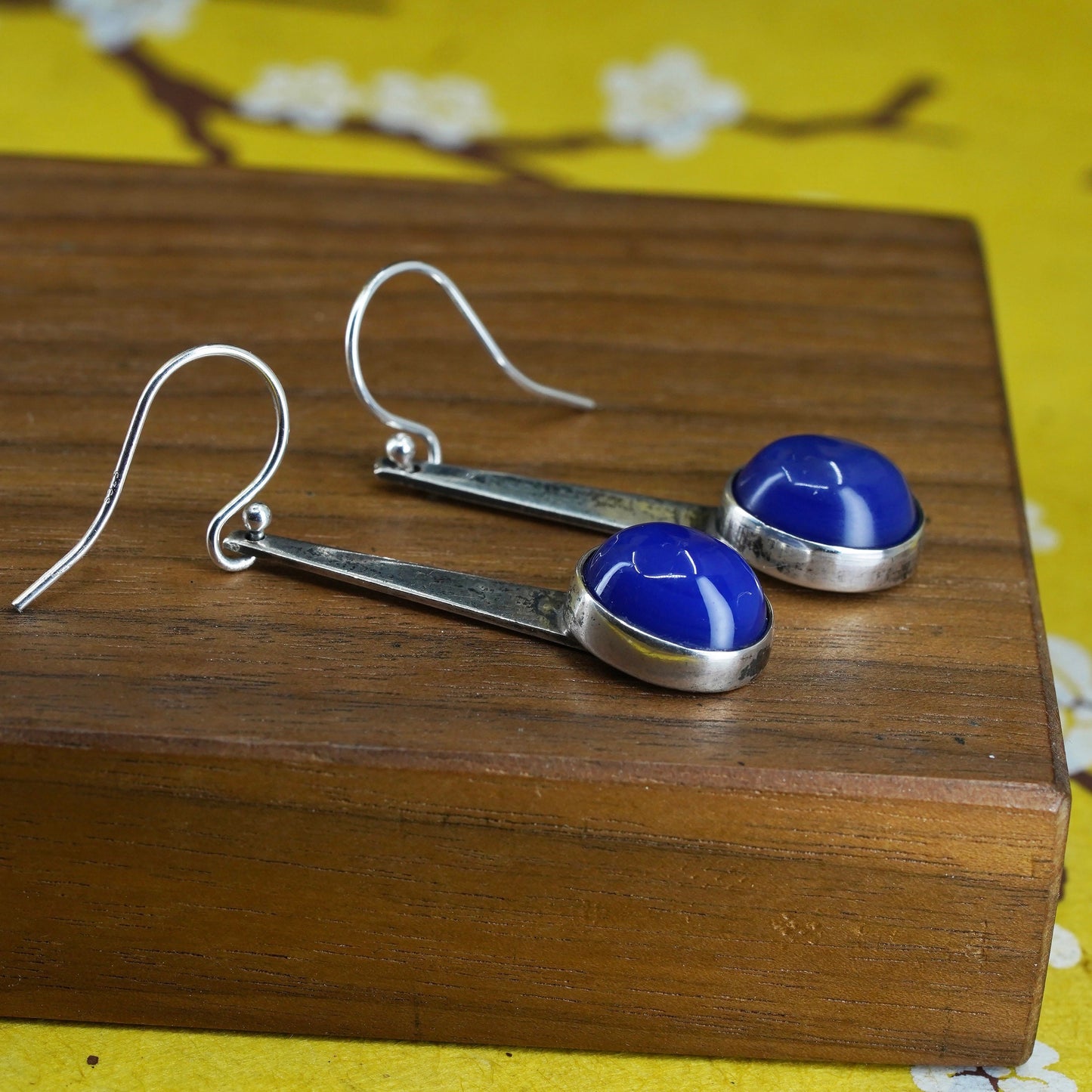 Vintage Sterling 925 silver handmade earrings with blue onyx inlay