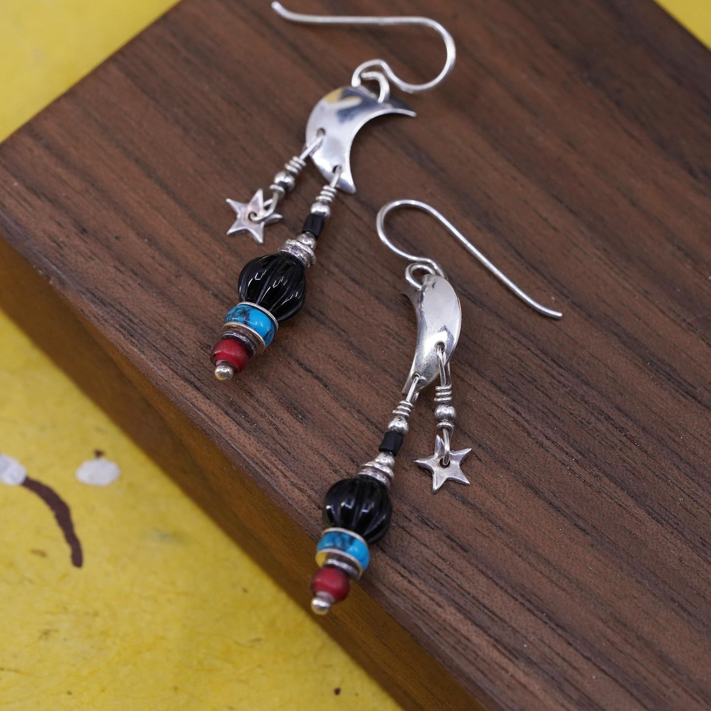 Native American Sterling 925 silver moon star earrings onyx turquoise