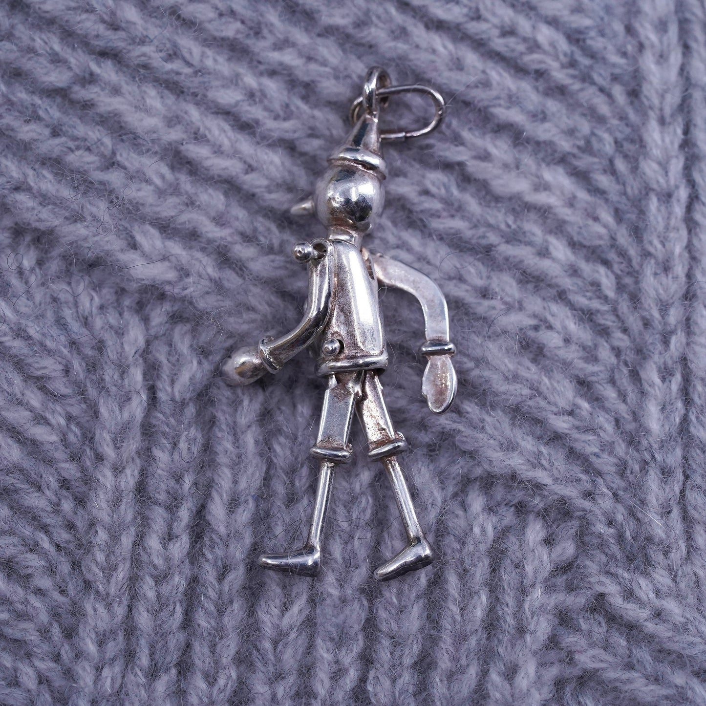 Vintage sterling silver handmade Pinocchio pendant movable joints, 925 charm